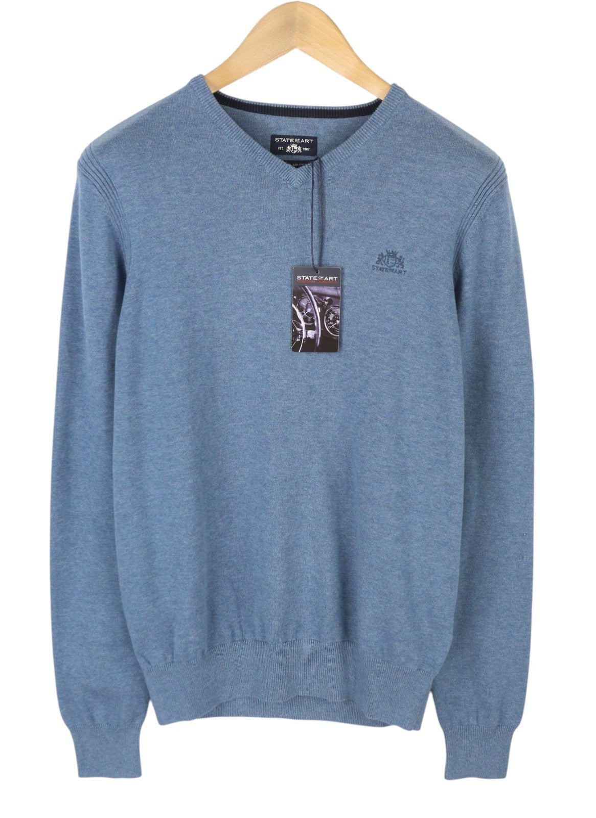 STATE OF ART Regular Fit Men Jumper S Blue Melange V-Neck Cotton Pull On