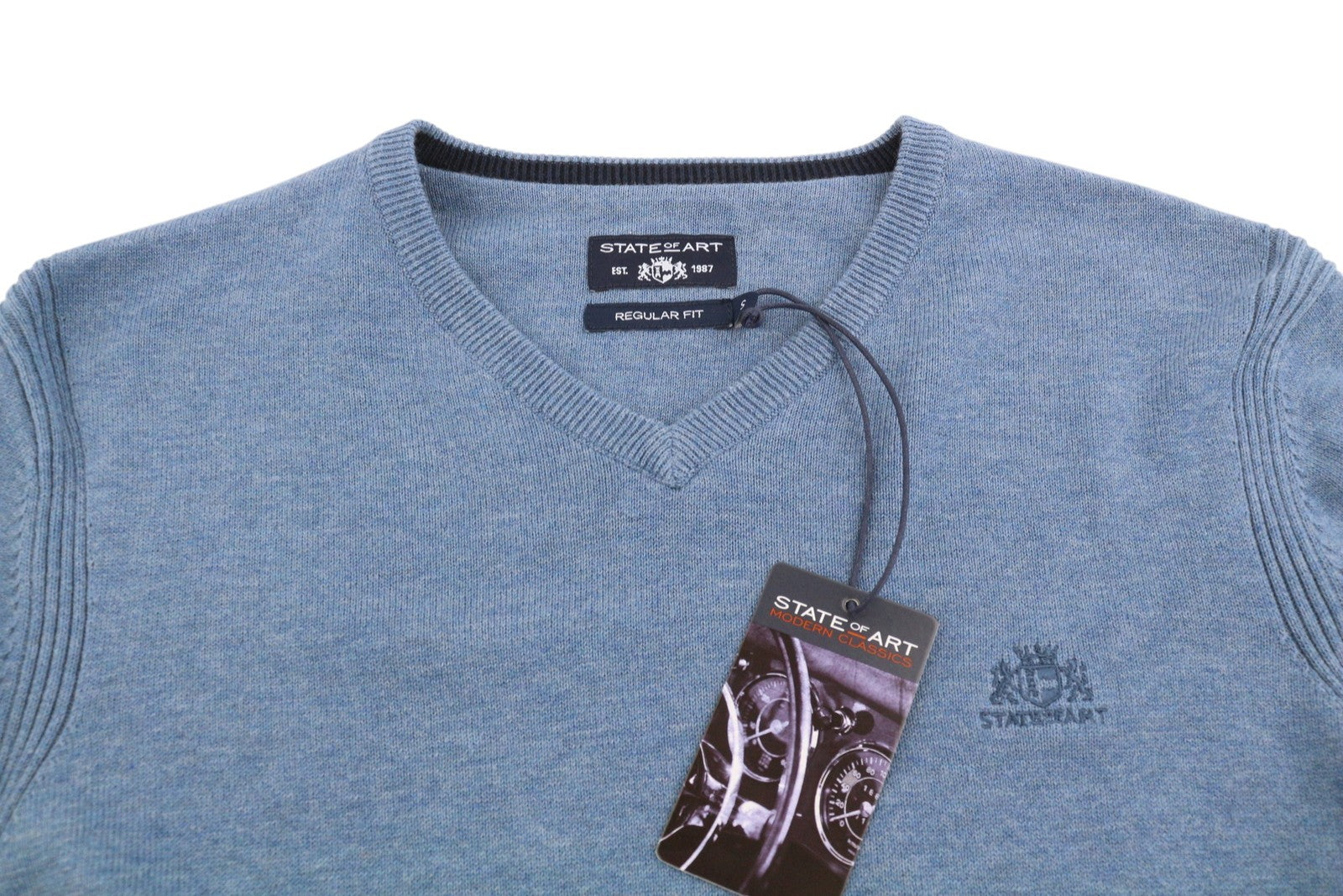 STATE OF ART Regular Fit Men Jumper S Blue Melange V-Neck Cotton Pull On