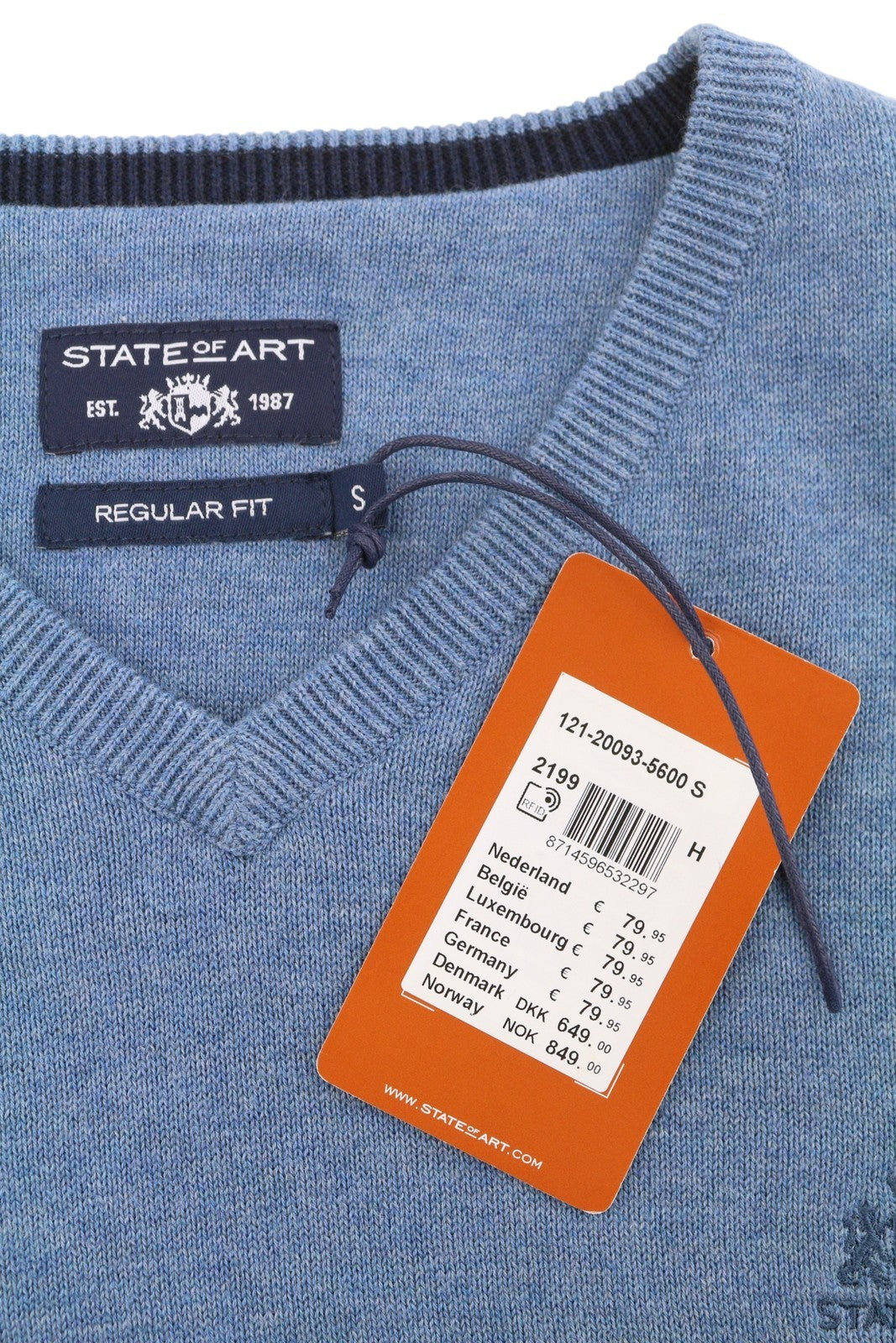 STATE OF ART Regular Fit Men Jumper S Blue Melange V-Neck Cotton Pull On