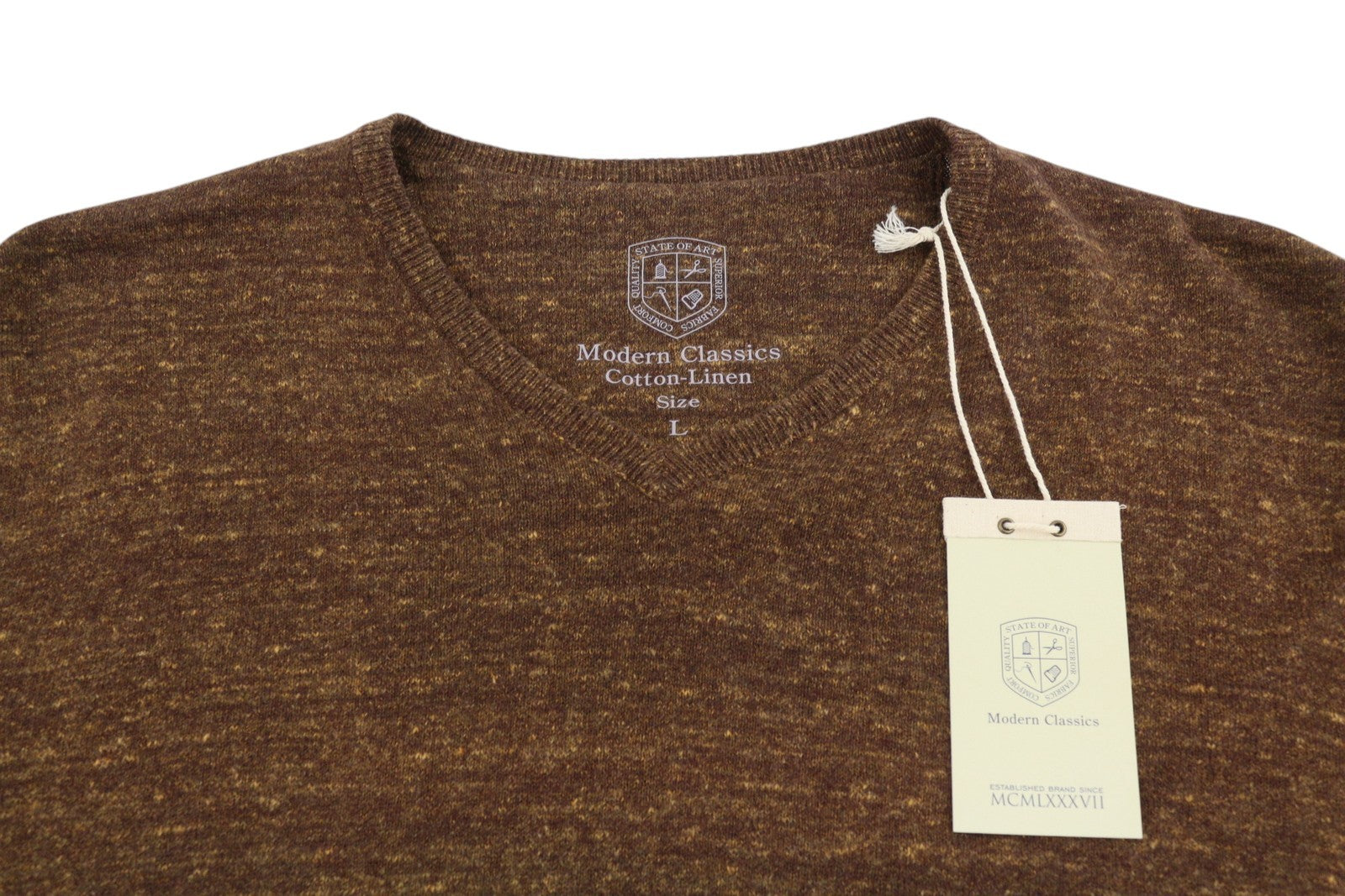 STATE OF ART Men Jumper L Brown Melange Modern Classics Cotton-Linen Pull On