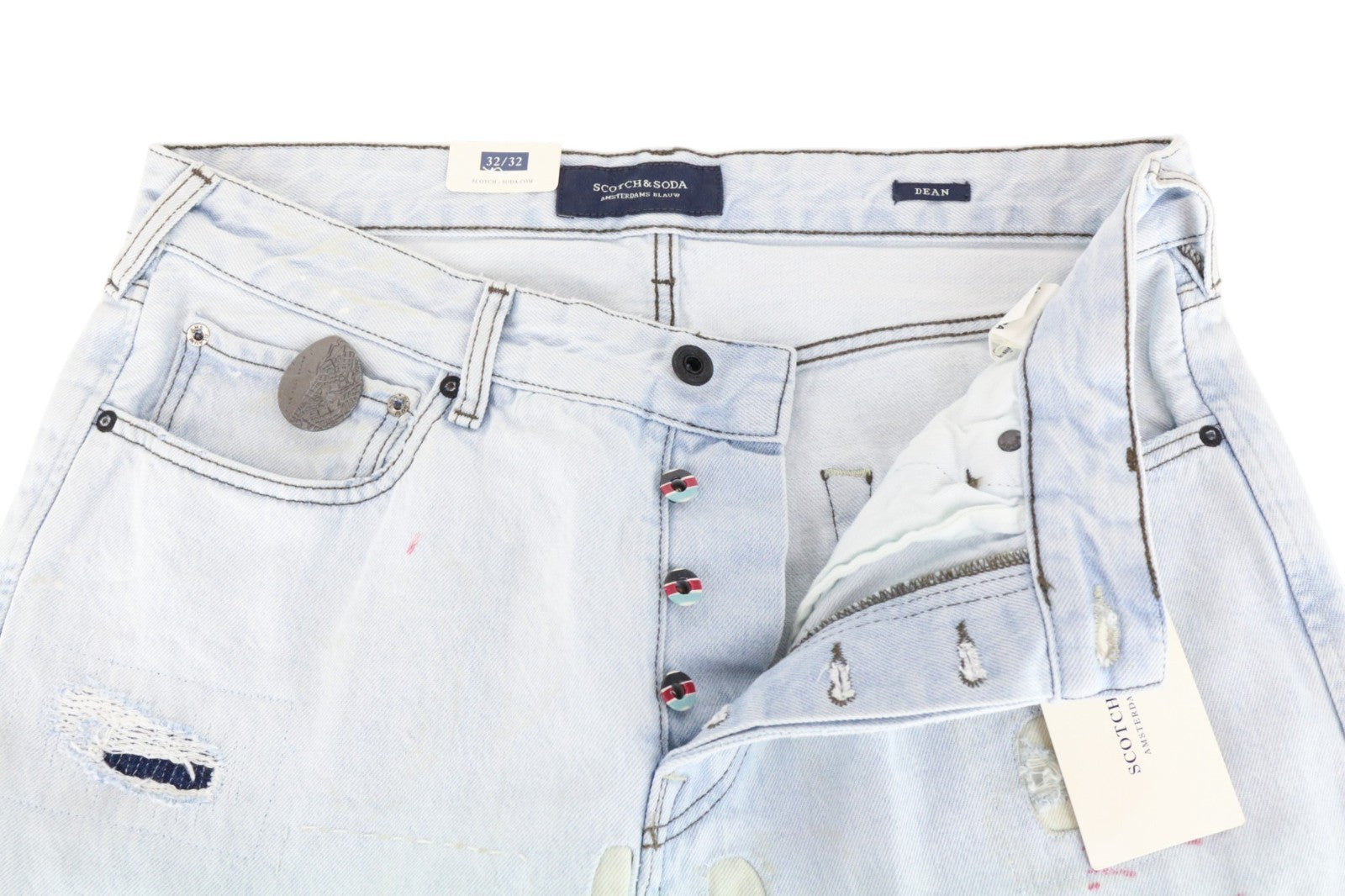 SCOTCH & SODA Dean Men Jeans W32/L32 Loose Taper Fit Ripped Aged Look Blue
