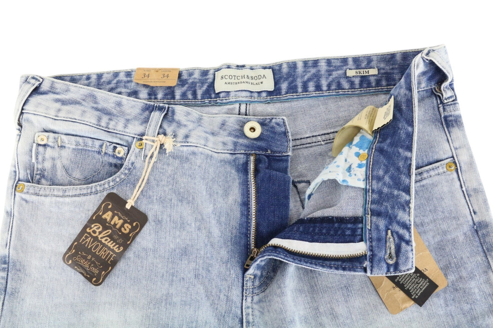 SCOTCH & SODA Skim Men Jeans W34/L34 Skinny Fit Washed Blue Cotton Stretch