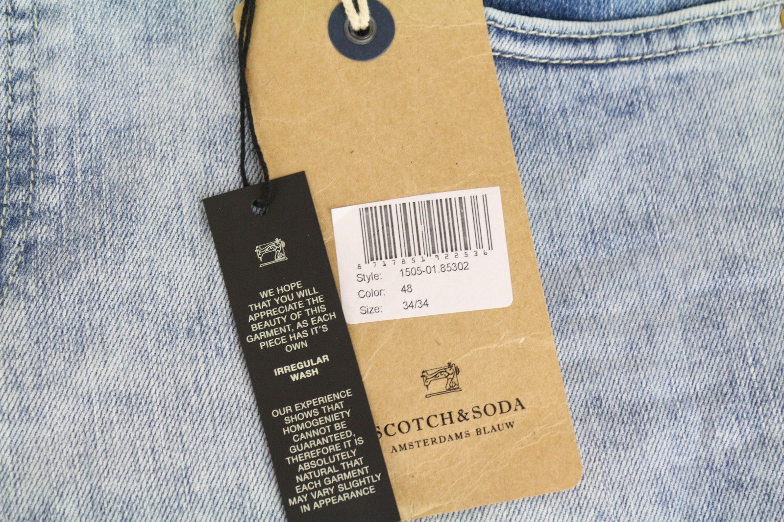 SCOTCH & SODA Skim Men Jeans W34/L34 Skinny Fit Washed Blue Cotton Stretch