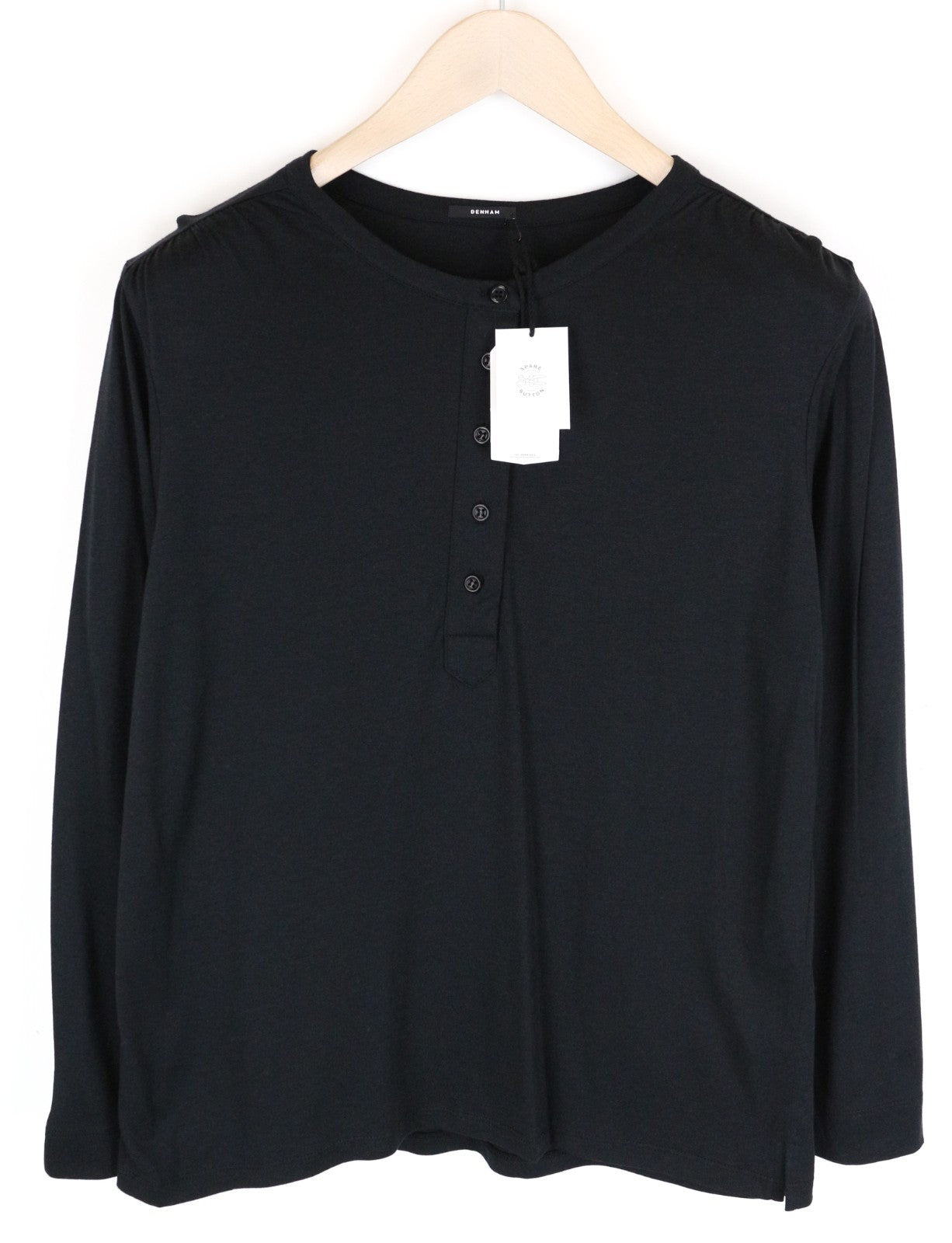 DENHAM Baldwin Women T-Shirt XS Black Cotton Blend Long Sleeved Half-Button