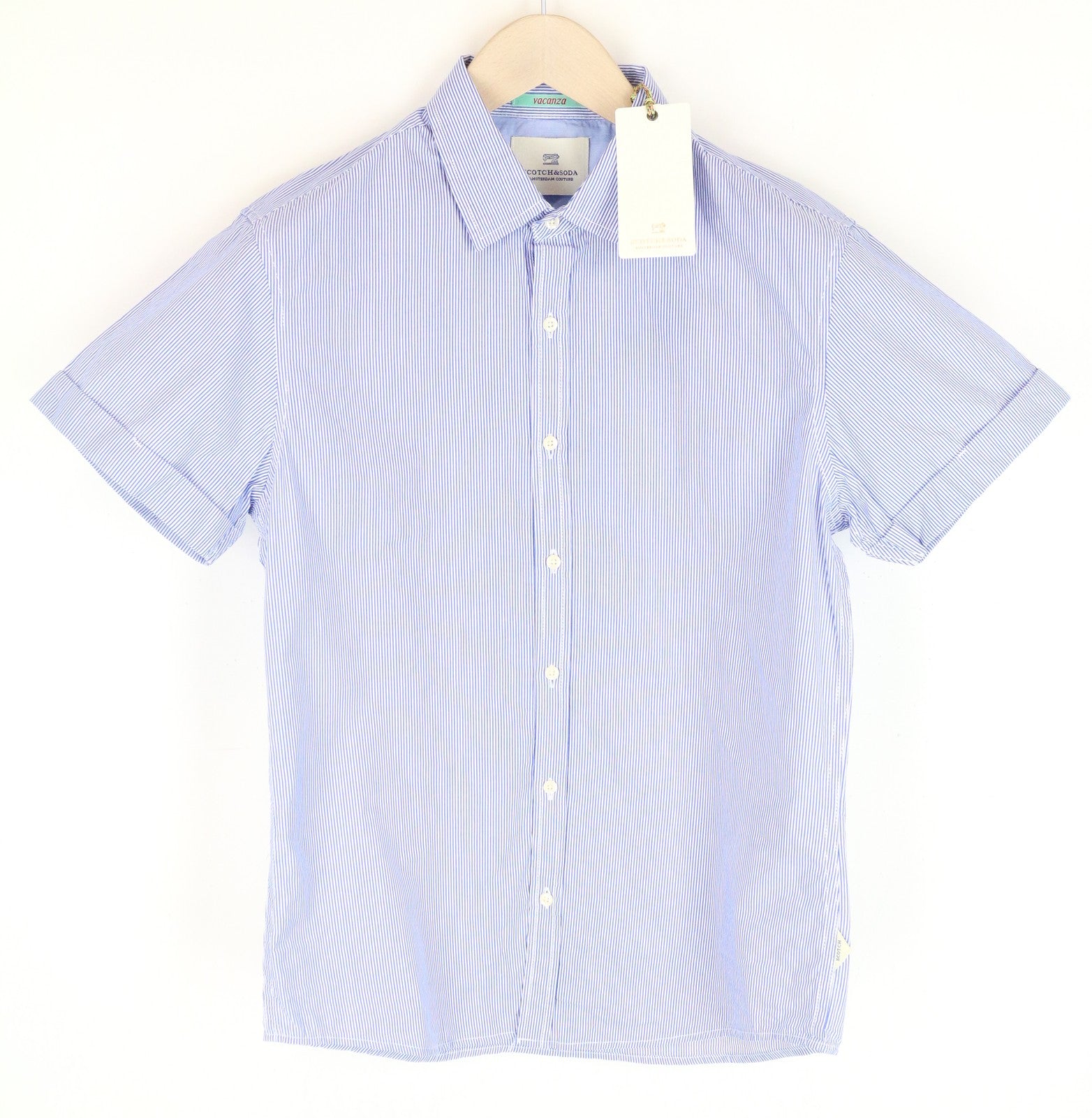 SCOTCH & SODA Ams Couture Men Shirt S Blue Pure Cotton Striped Short Sleeved
