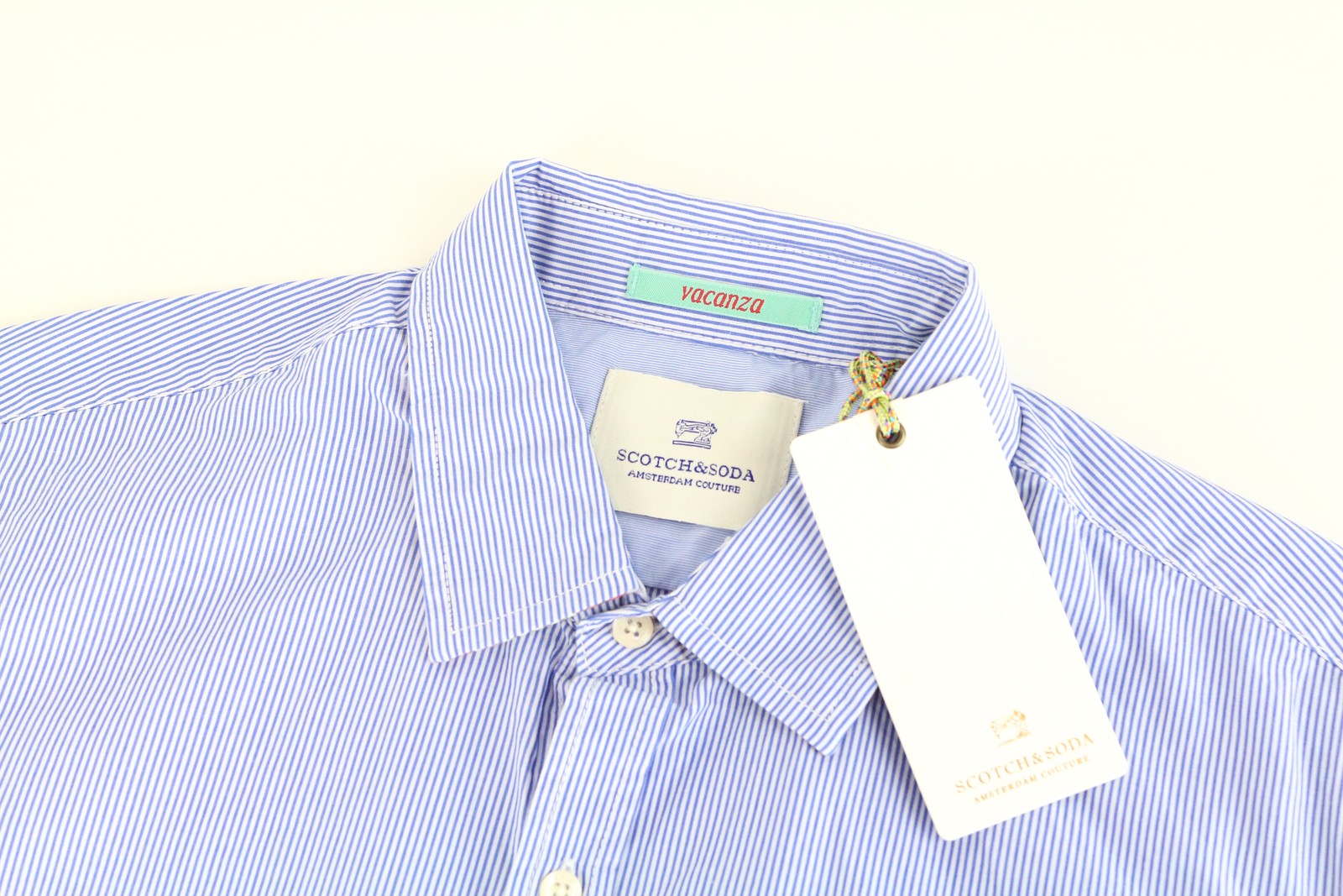 SCOTCH & SODA Ams Couture Men Shirt S Blue Pure Cotton Striped Short Sleeved
