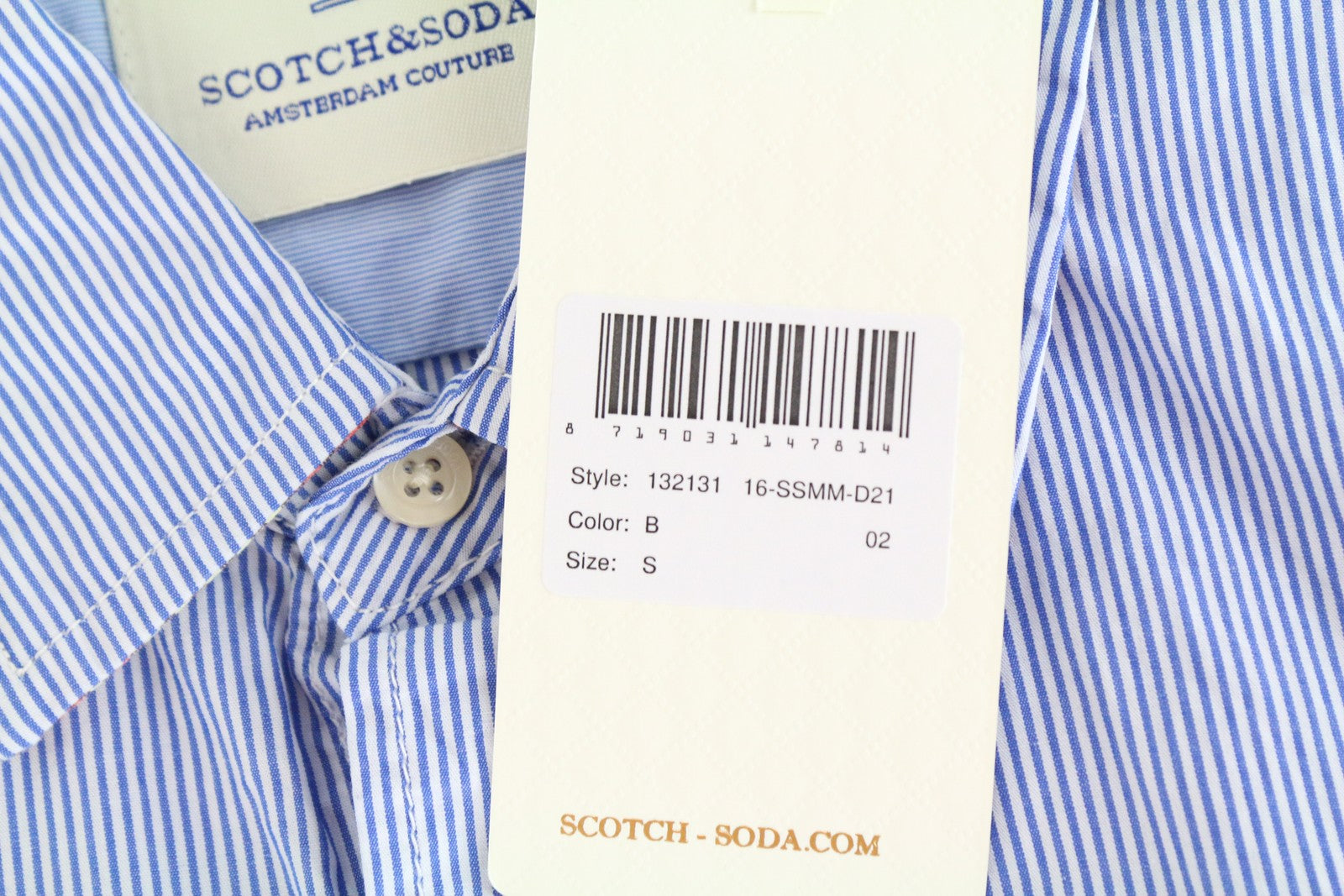 SCOTCH & SODA Ams Couture Men Shirt S Blue Pure Cotton Striped Short Sleeved