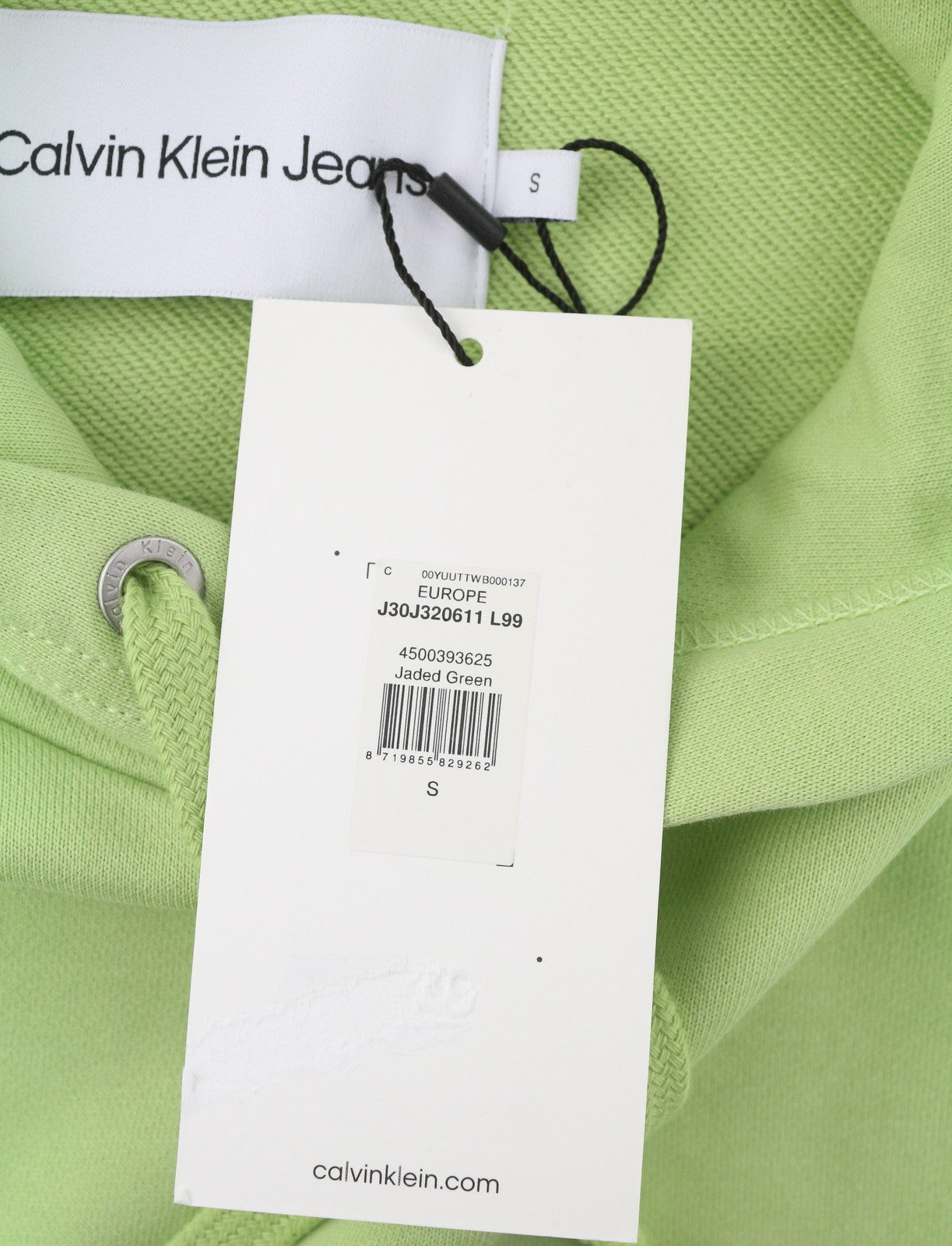 CALVIN KLEIN Men Hoodie S Jaded Green Logo Kangaroo Pocket Hooded Pull On