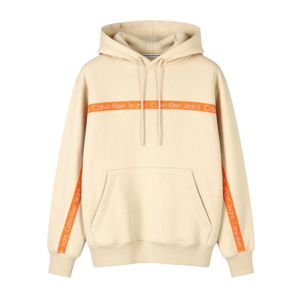 CALVIN KLEIN Men Hoodie M Beige Classic Logo Kangaroo Pocket Hooded Pull On