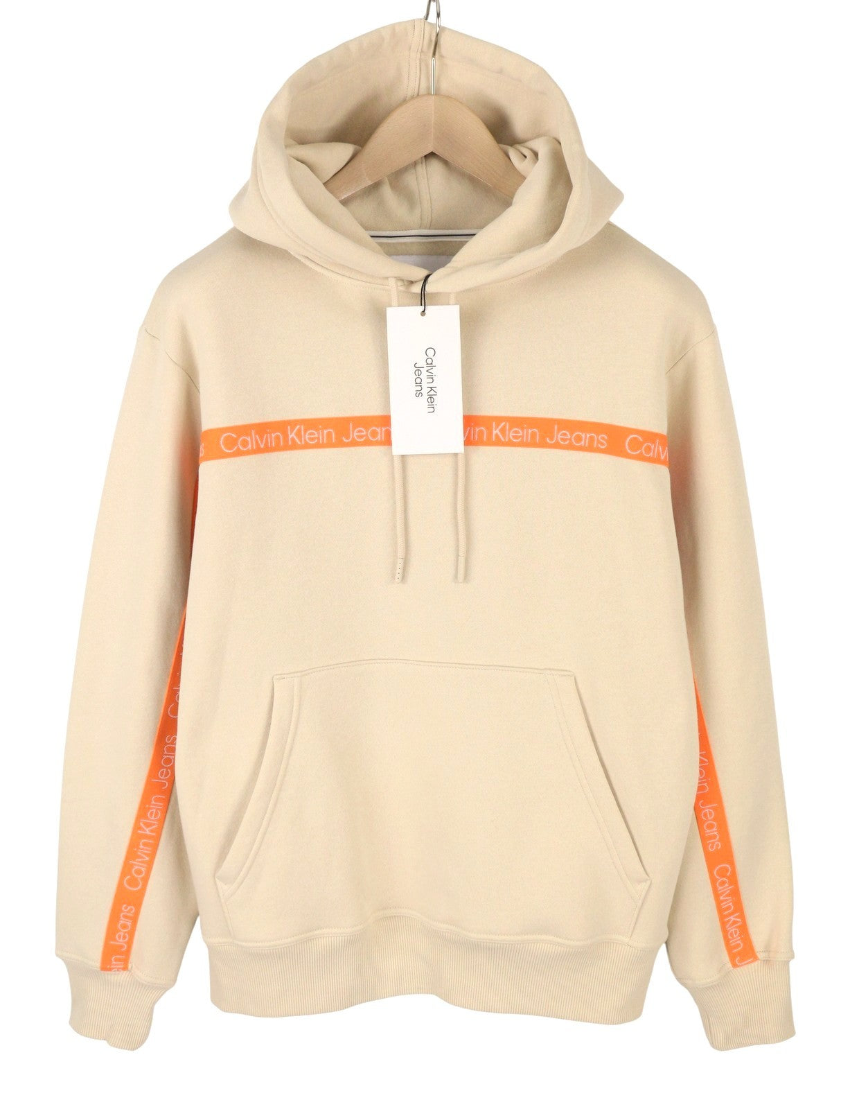 CALVIN KLEIN Men Hoodie M Beige Classic Logo Kangaroo Pocket Hooded Pull On