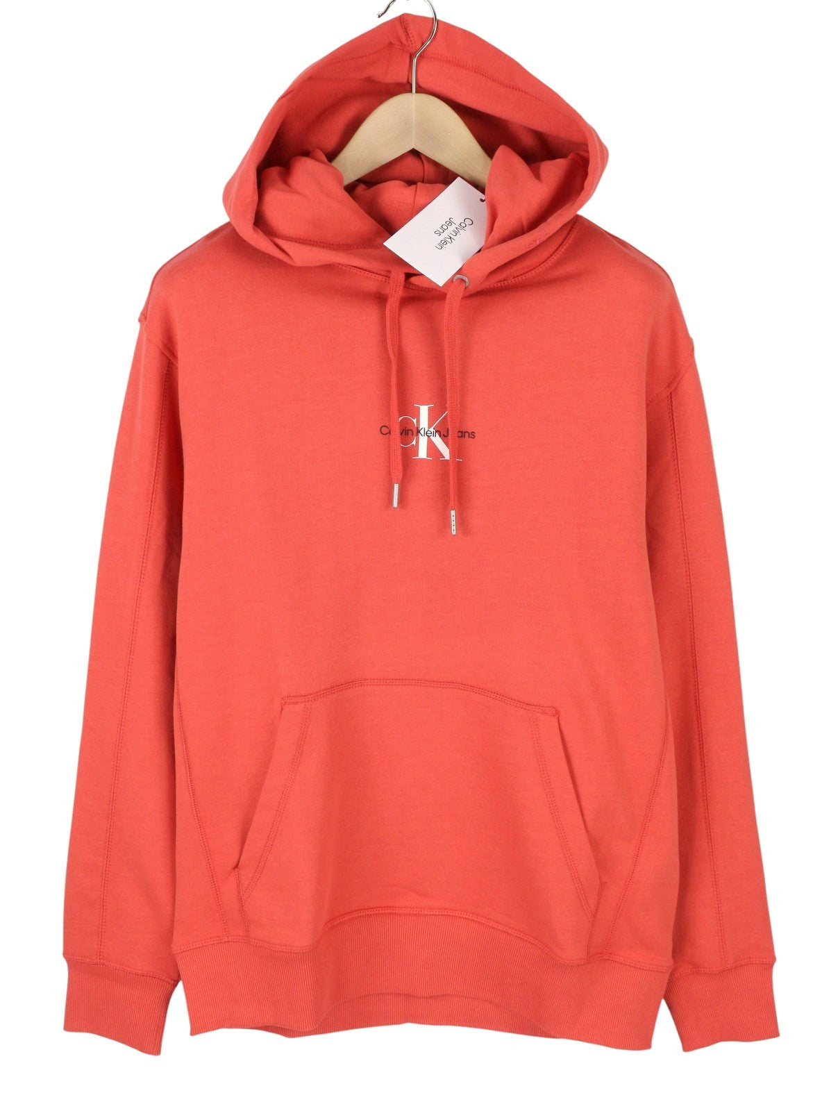 CALVIN KLEIN Men Hoodie L Rhubarb Red Cotton Kangaroo Pocket Logo Pull On