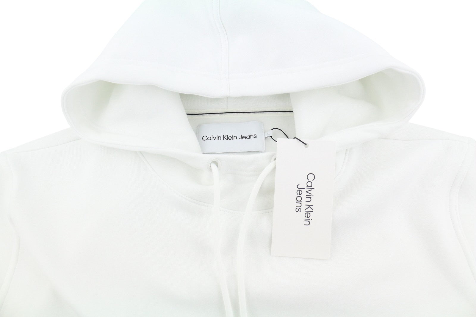 CALVIN KLEIN Men Hoodie XL Bright White Logo Kangaroo Pocket Hooded Pull On