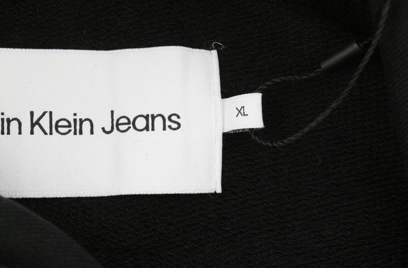 CALVIN KLEIN Men Hoodie XL Black Cotton Oversized Logo Hooded Pull On