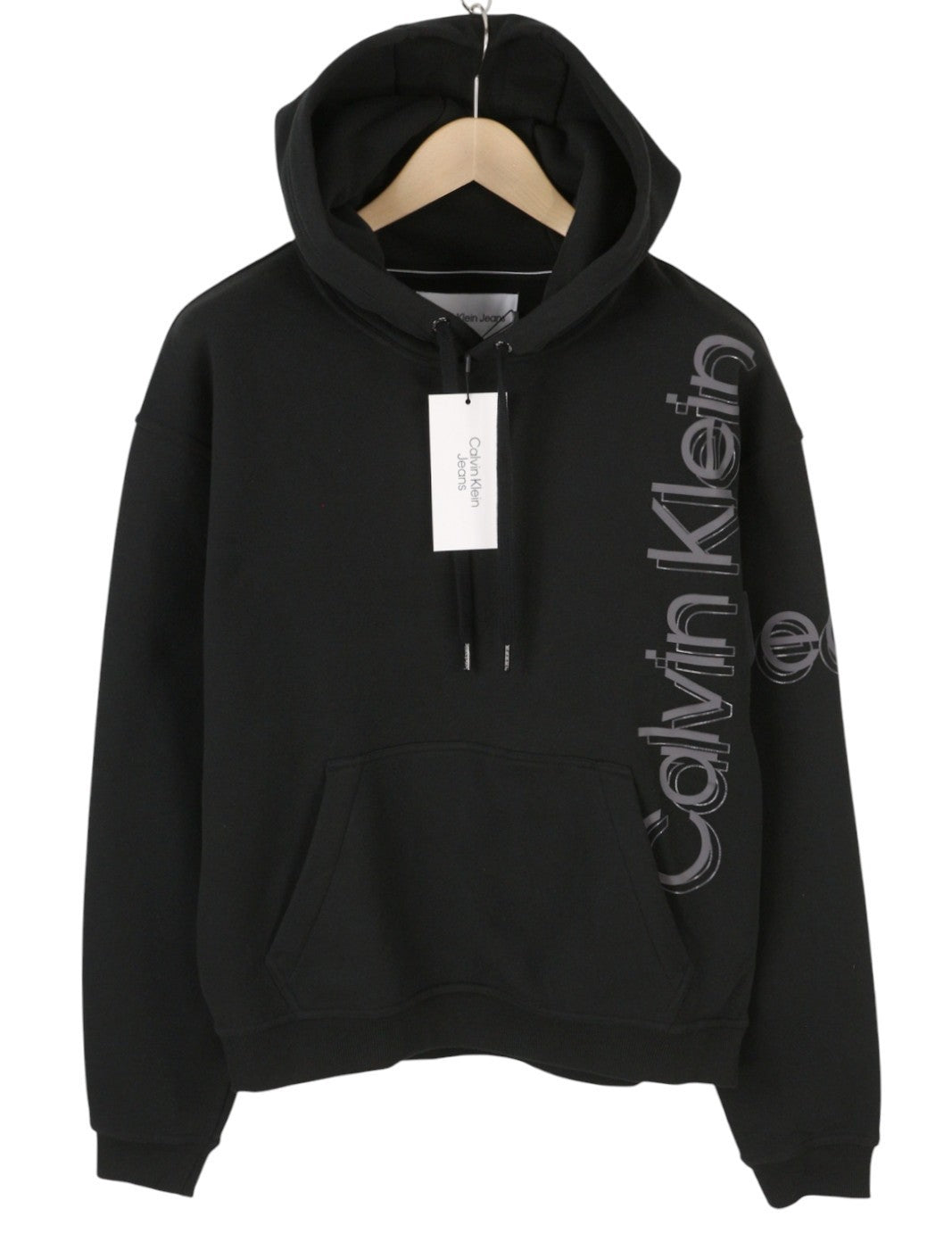 CALVIN KLEIN Men Hoodie S Black Loose Oversized Kangaroo Pocket Hooded Pull On