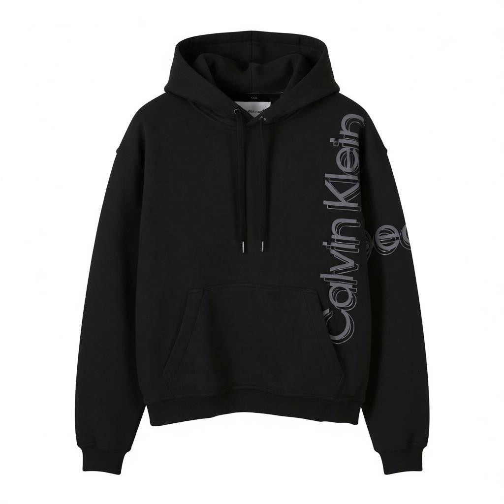 CALVIN KLEIN Men Hoodie L Black Loose Oversized Kangaroo Pocket Hooded Pull On