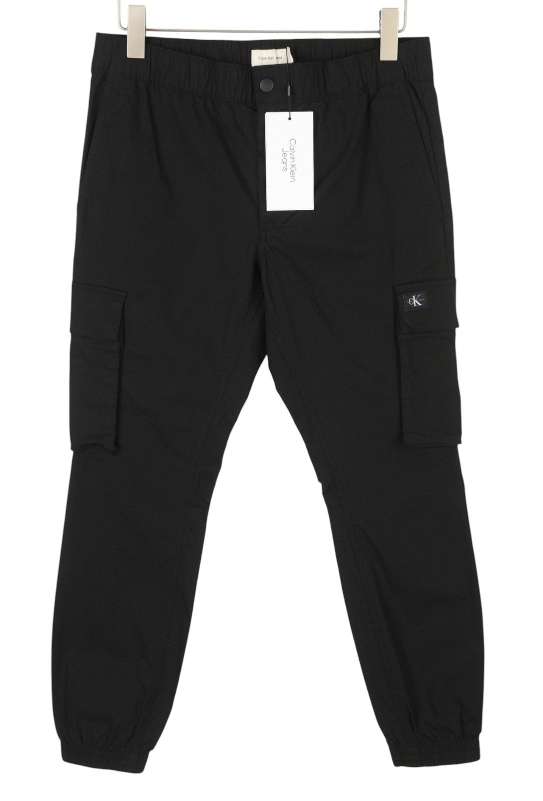 CALVIN KLEIN Men Trousers W32 Black Cargo Check Patch Pocket Elastic Waist