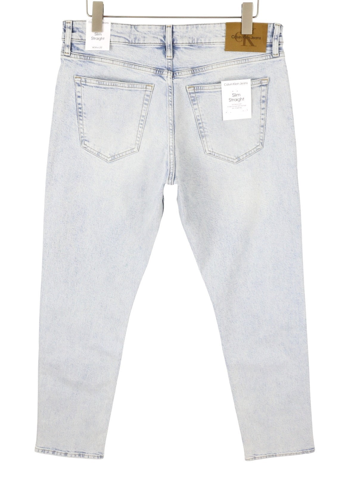 CALVIN KLEIN Slim Straight Men Jeans W34/L32 Blue Faded Whiskers Denim Zip Fly