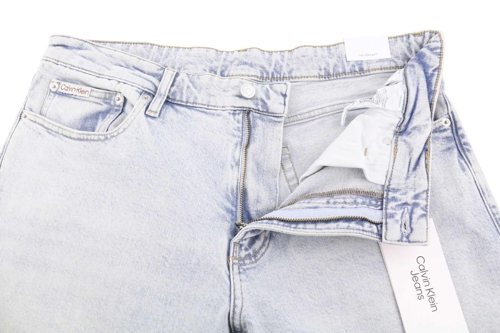CALVIN KLEIN Slim Straight Men Jeans W34/L32 Blue Faded Whiskers Denim Zip Fly