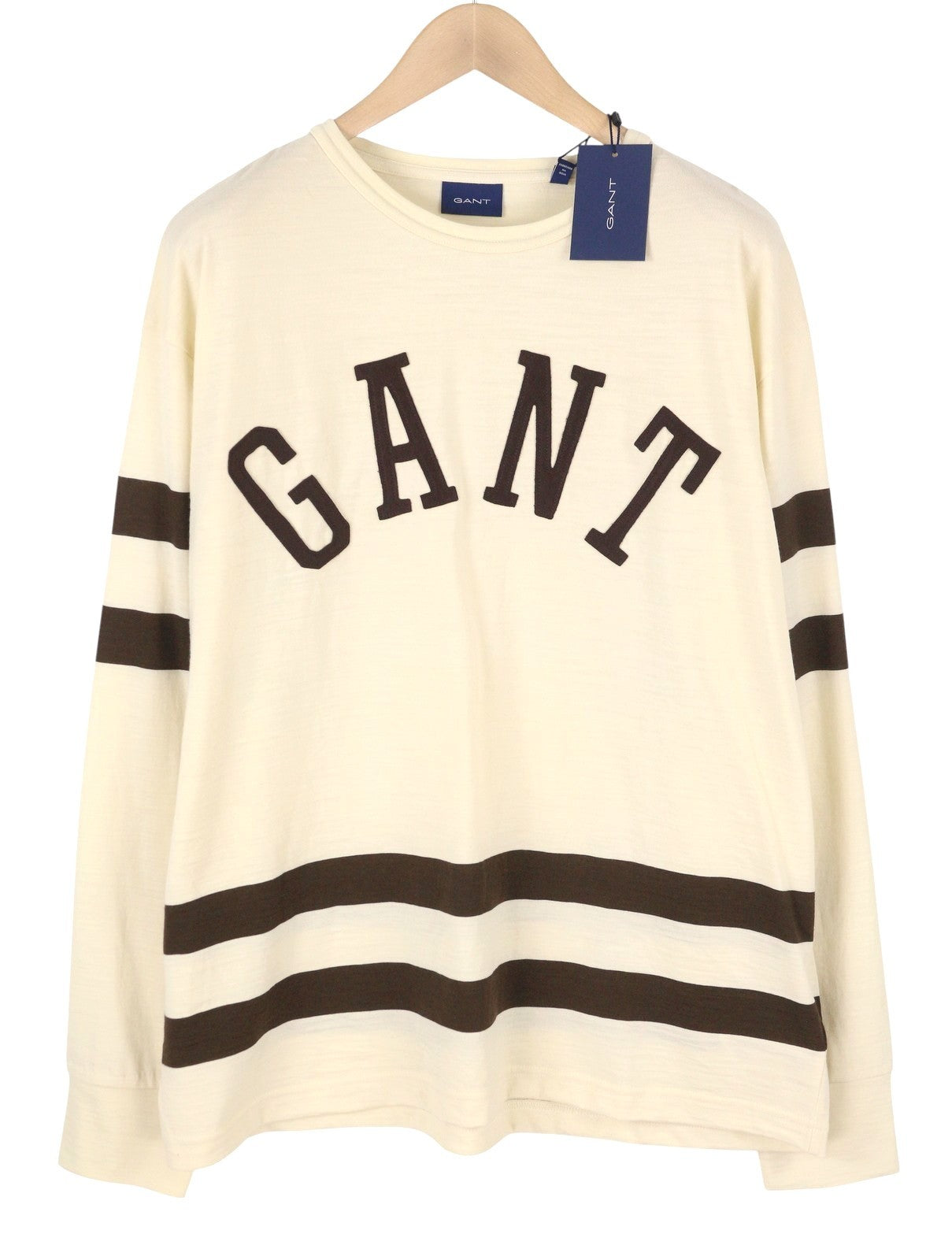 GANT Wool Jersey Men T-Shirt 2XL Cream Crew Neck Stretch Long Sleeve Tee Logo