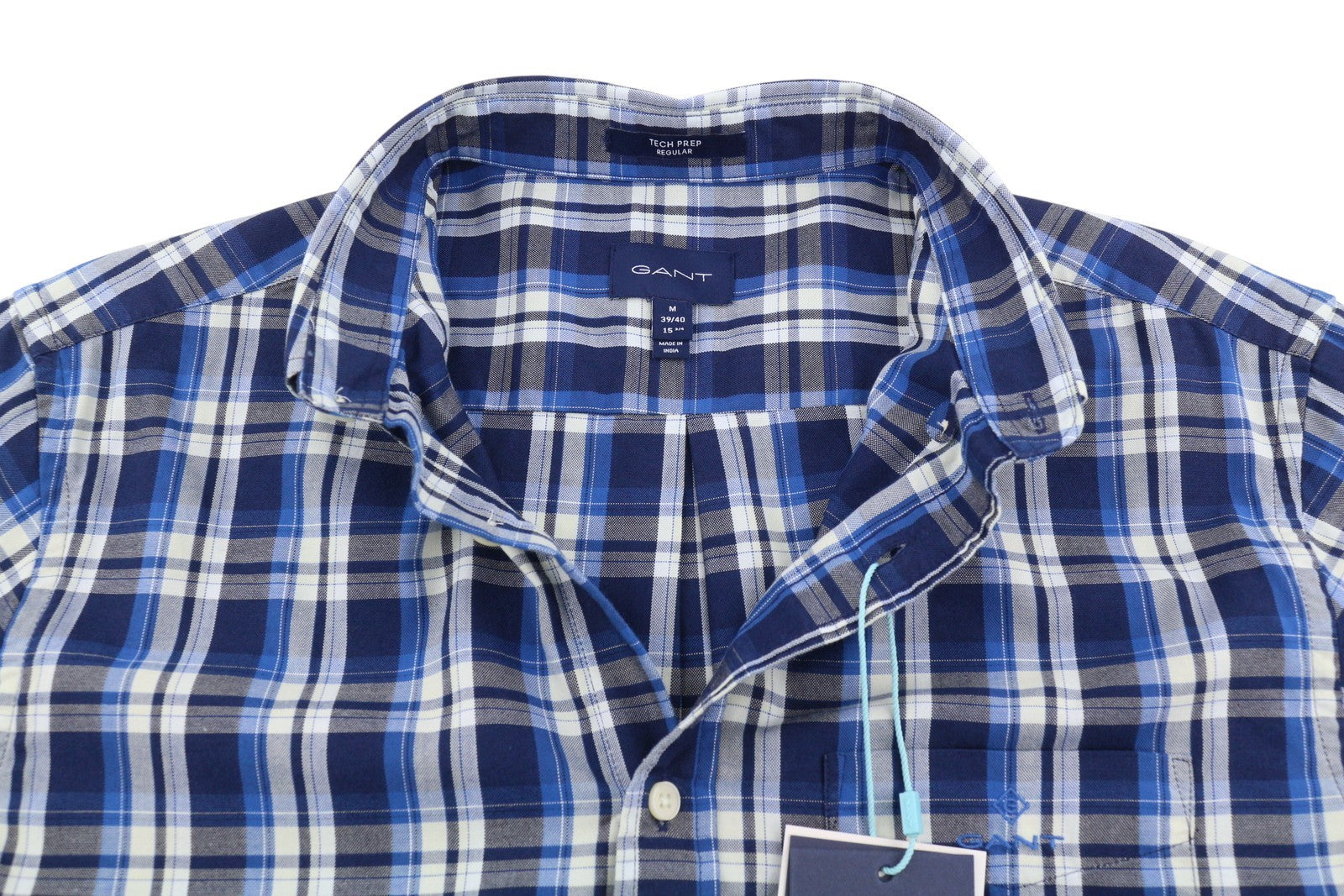 GANT Tech Prep Oxford Check Men Shirt M Blue Button-Down Neck Casual Shirt