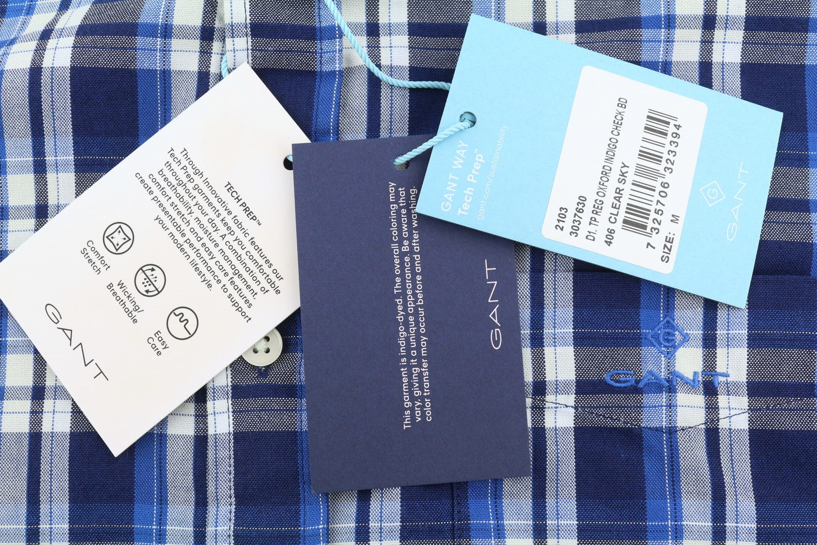 GANT Tech Prep Oxford Check Men Shirt M Blue Button-Down Neck Casual Shirt