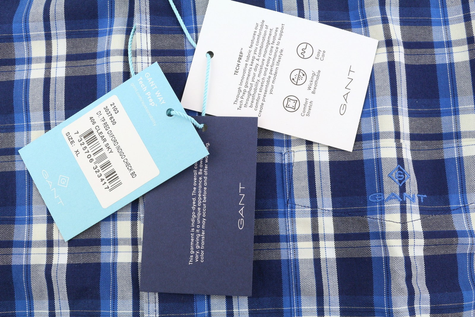 GANT Tech Prep Oxford Check Men Shirt XL Blue Button-Down Neck Casual Shirt