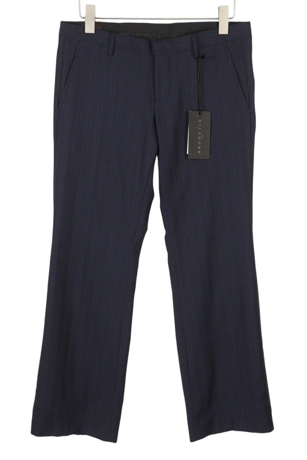 JOHN RICHMOND Women Trousers EU44 / W33 Dark Blue Pinstriped Wool Flared Fit