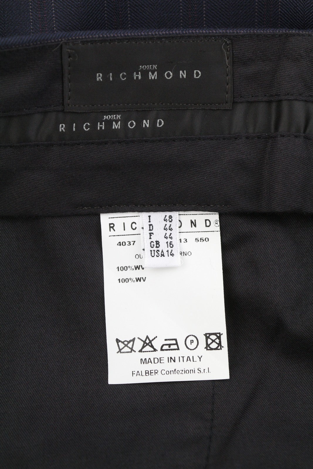 JOHN RICHMOND Women Trousers EU44 / W33 Dark Blue Pinstriped Wool Flared Fit