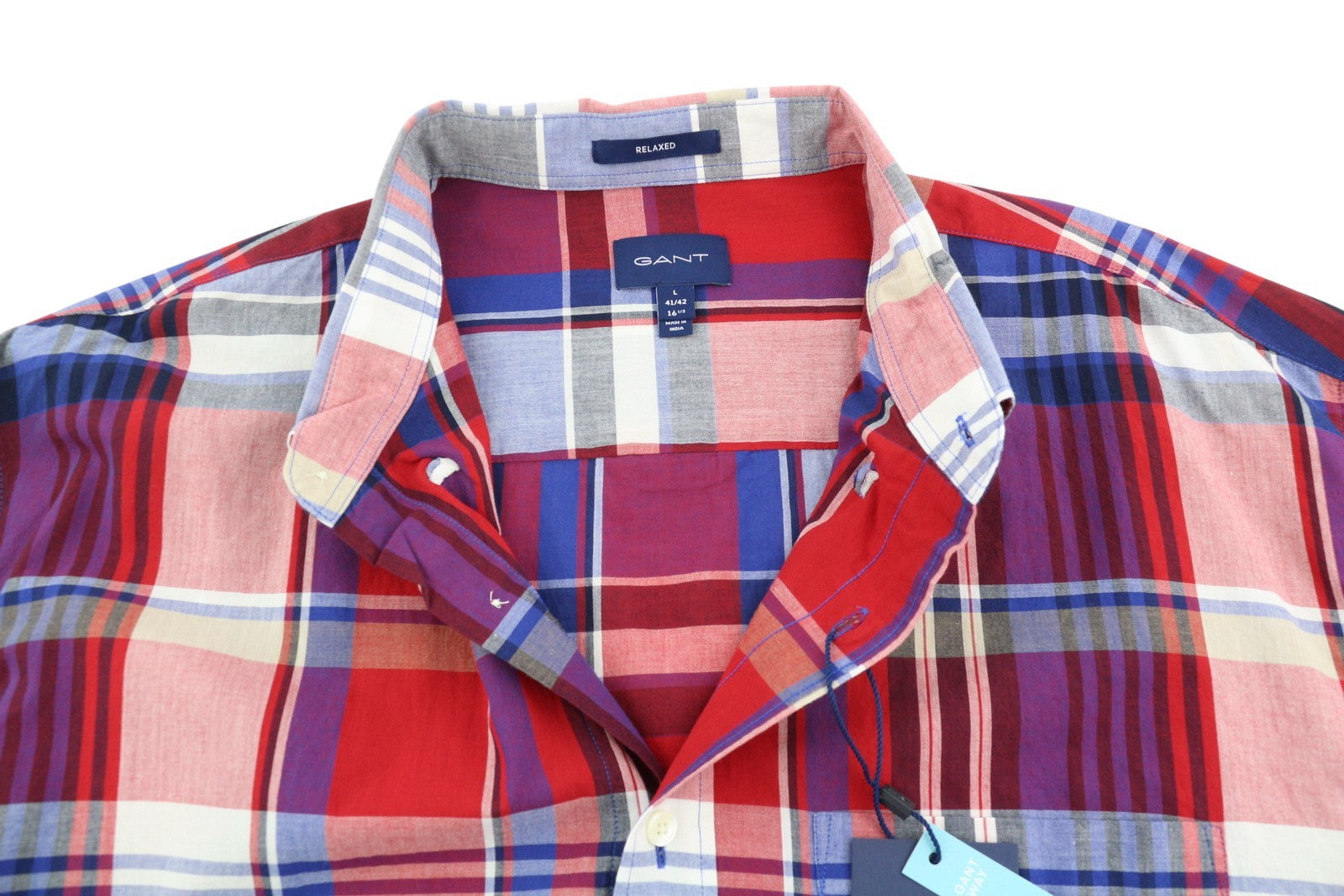 GANT Washed Poplin Check Men Shirt L Relaxed Plaid Button-Down Neck Shirt