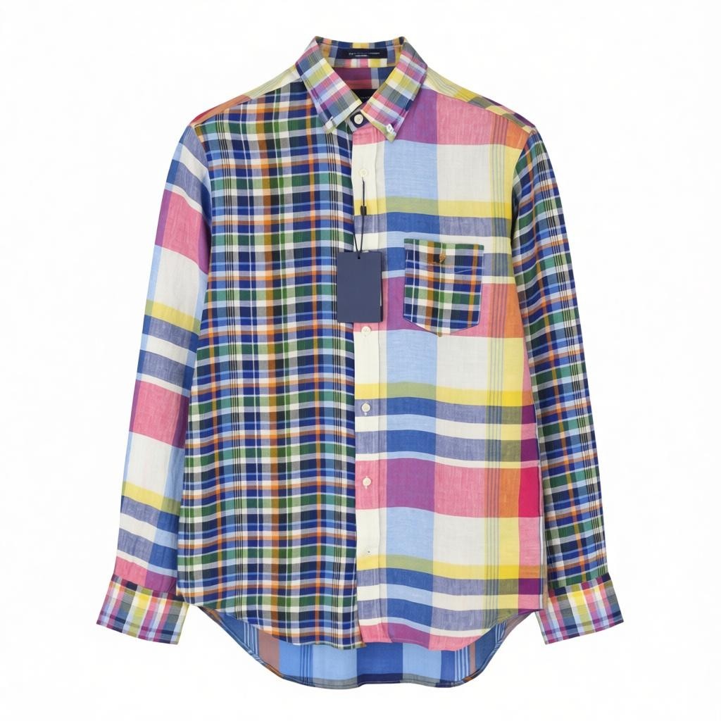 GANT Mixed Panel Linen Madras Men Shirt S Colourful Button-Down Casual Shirt