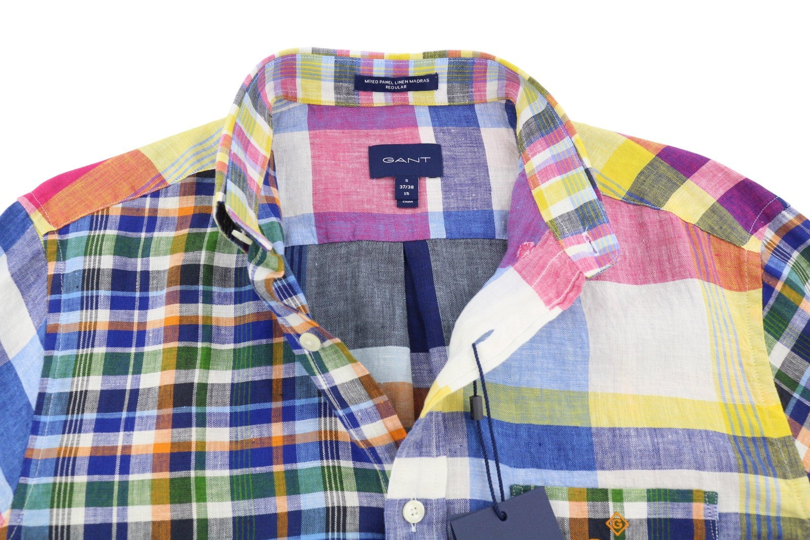 GANT Mixed Panel Linen Madras Men Shirt S Colourful Button-Down Casual Shirt