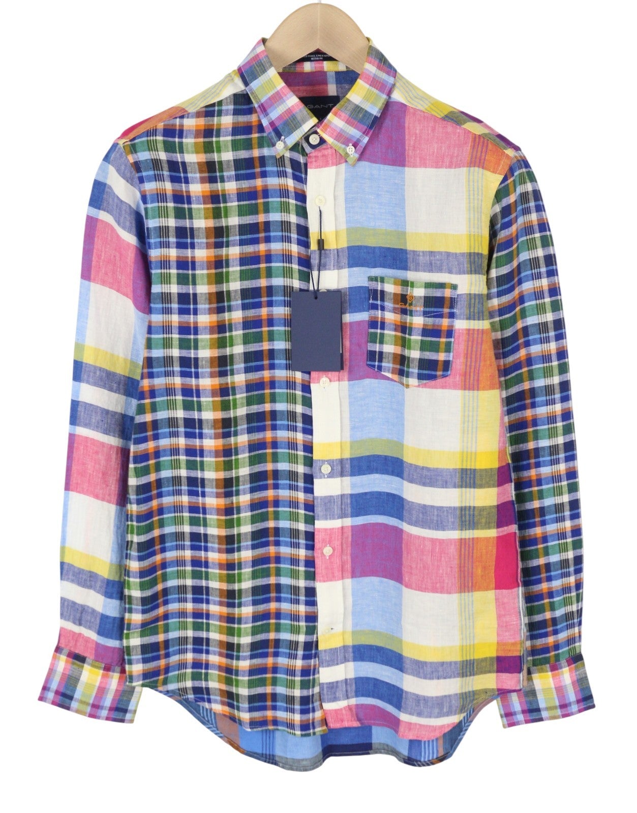 GANT Mixed Panel Linen Madras Men Shirt L Colourful Button-Down Casual Shirt