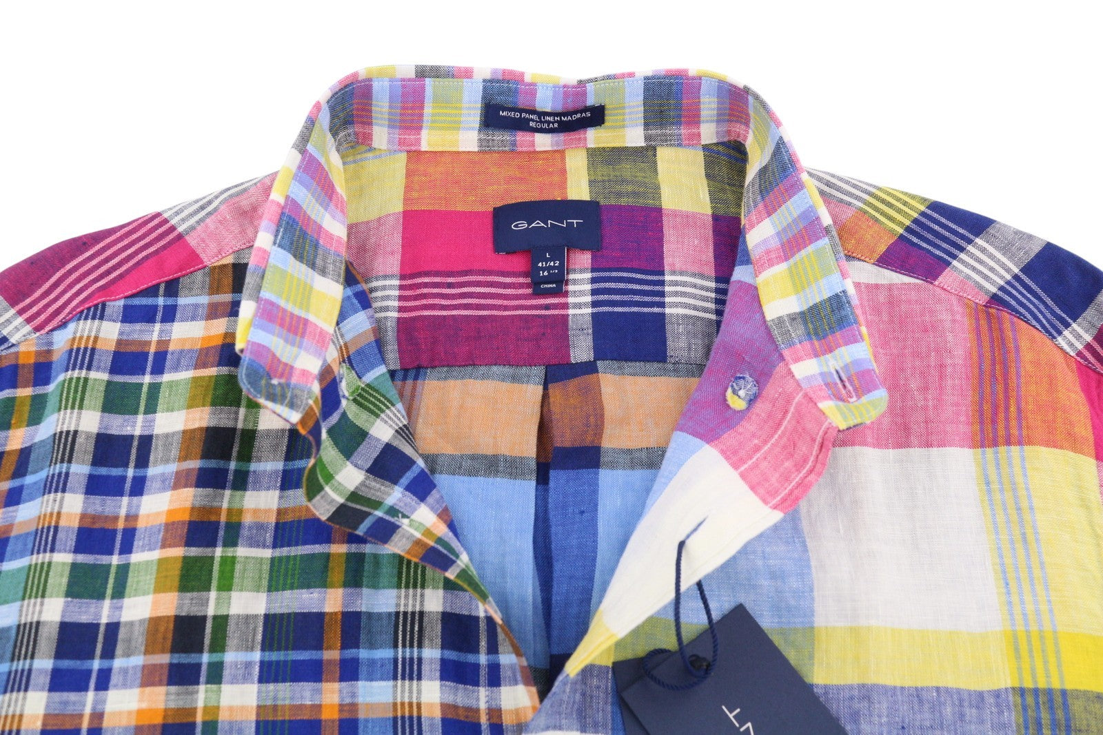 GANT Mixed Panel Linen Madras Men Shirt L Colourful Button-Down Casual Shirt