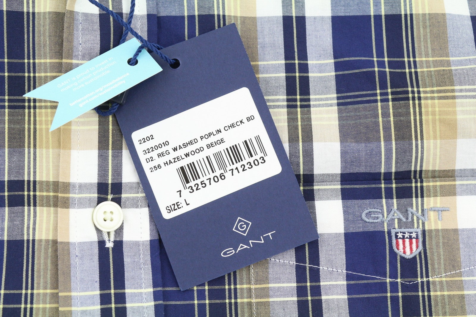 GANT Reg Washed Poplin Check Men Shirt L Hazelwood Beige Button-Down Shirt