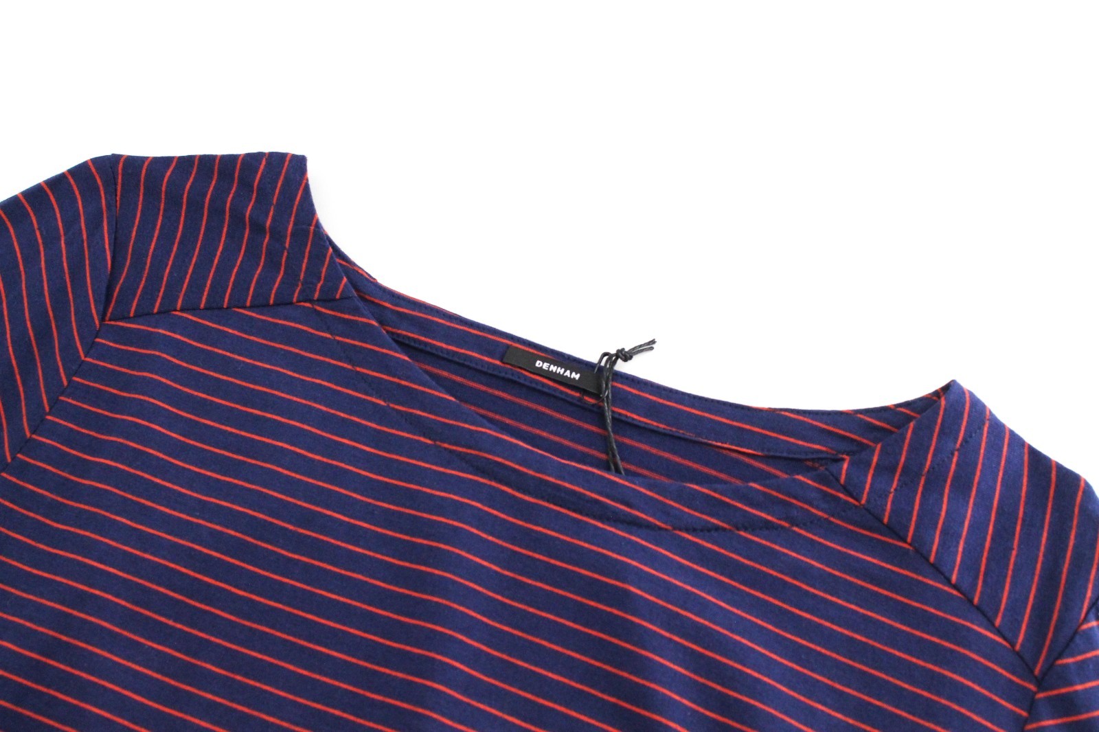 DENHAM Glide Women T-Shirt XS Navy Pure Cotton Red Stripes Long Sleeve