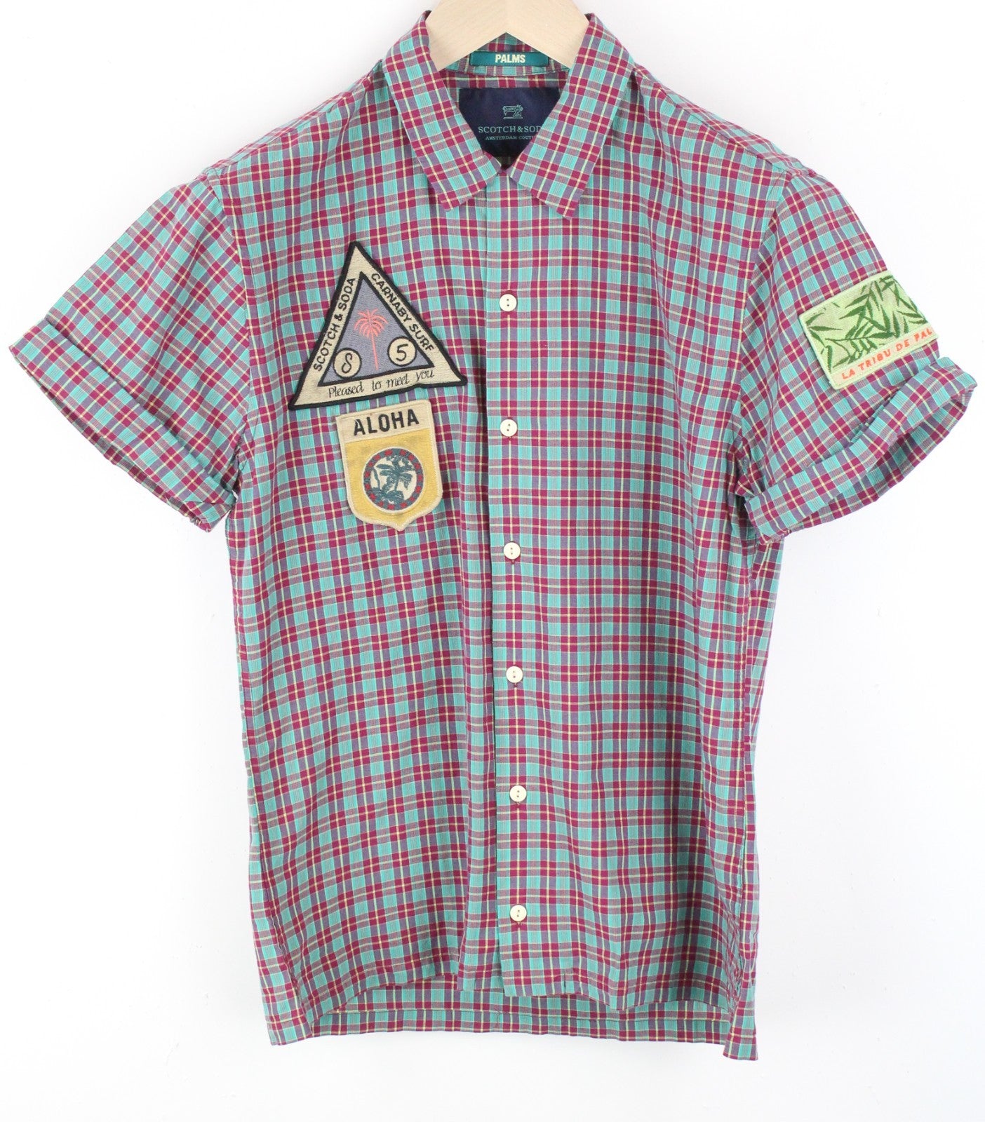 SCOTCH & SODA Ams Couture Men Shirt S Green Checked Short Sleeve Cotton Linen