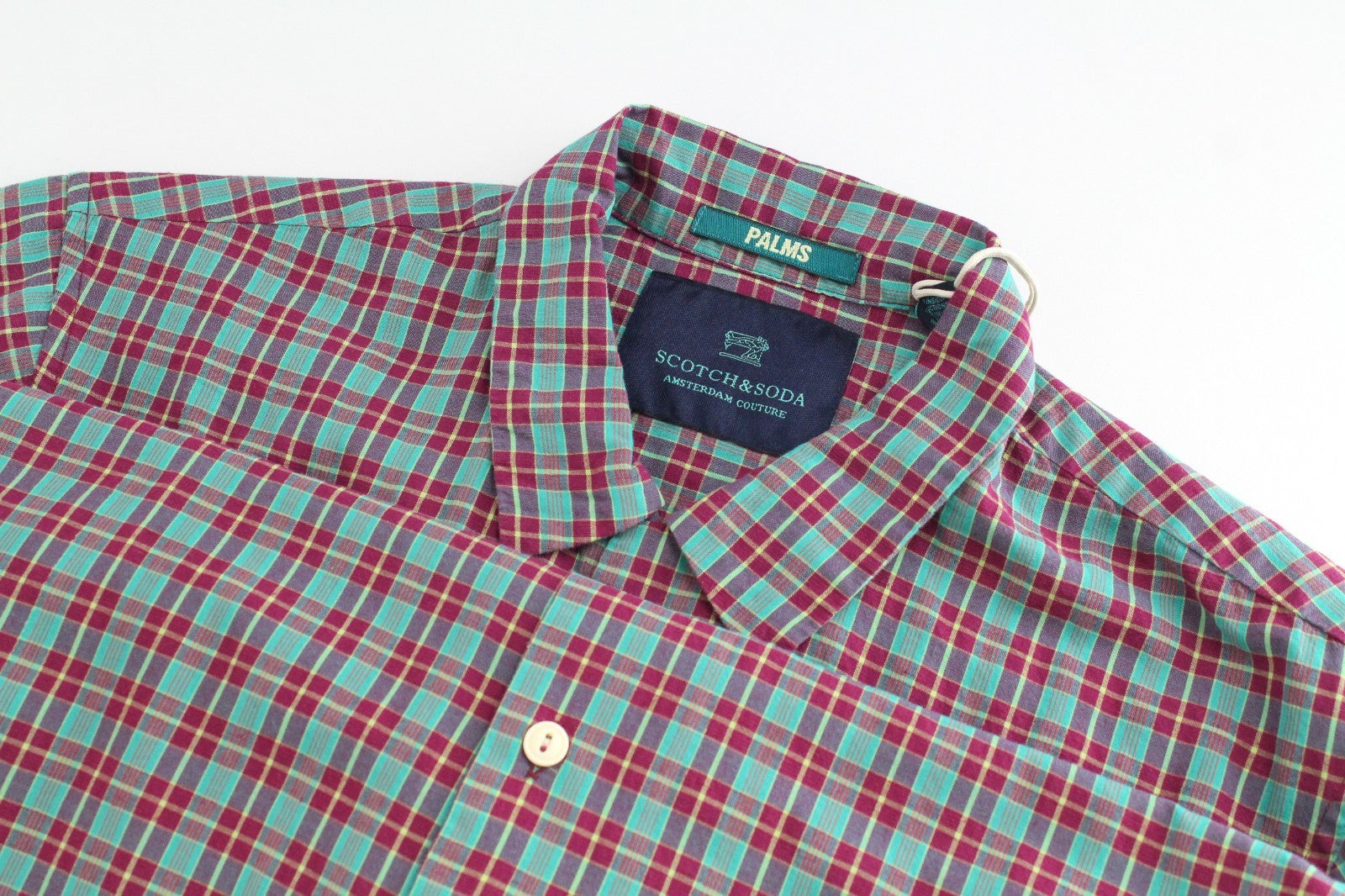 SCOTCH & SODA Ams Couture Men Shirt S Green Checked Short Sleeve Cotton Linen