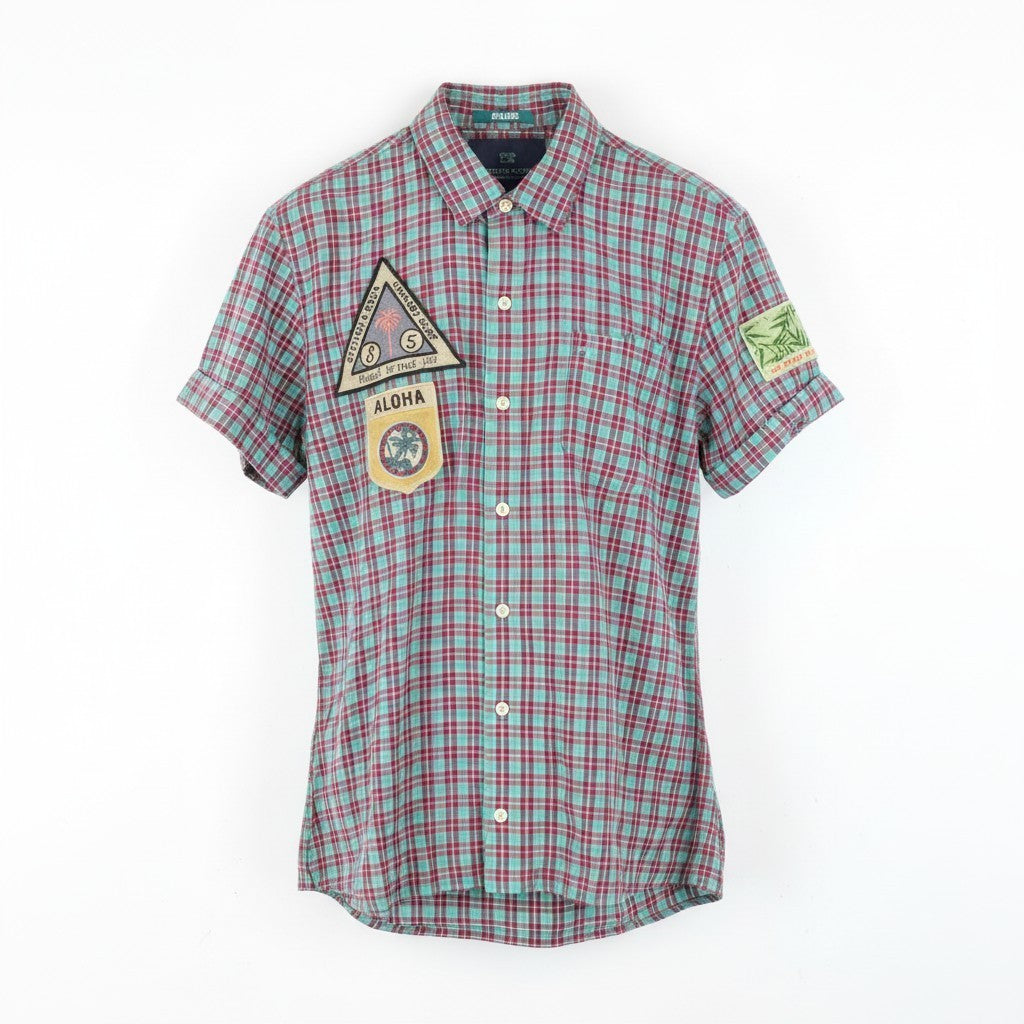 SCOTCH & SODA Ams Couture Men Shirt S Green Checked Patched Cotton Linen