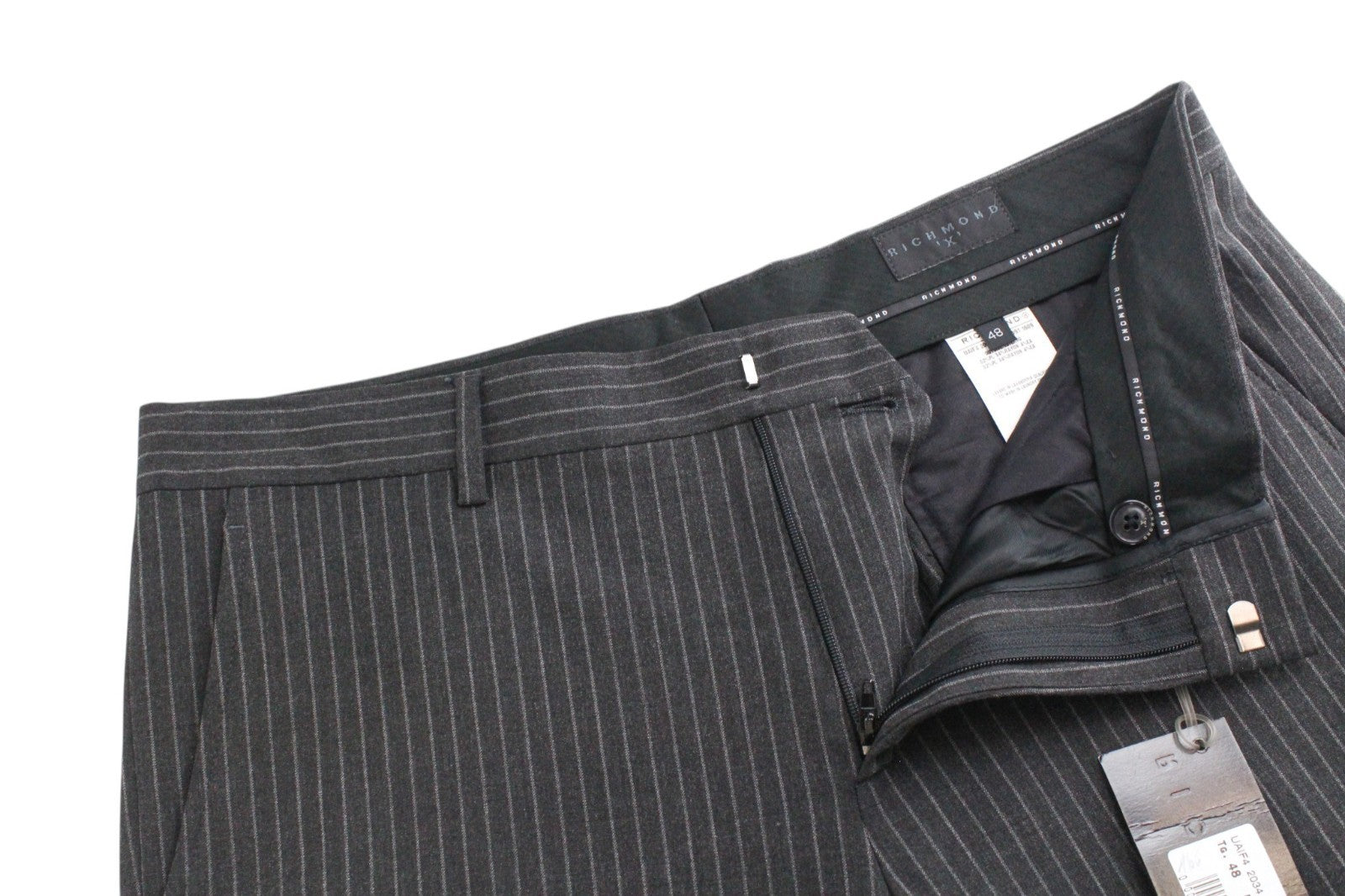 RICHMOND  Men Trousers 48 Grey Stretch Stripe Patterned Flat Front Formal