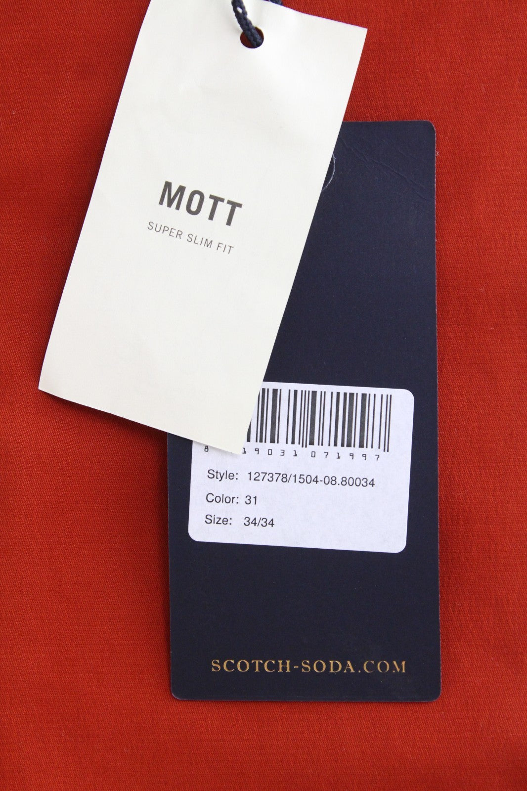 SCOTCH & SODA Mott Men Trousers W34/L34 Red Cotton Stretch Super Slim Flat Front