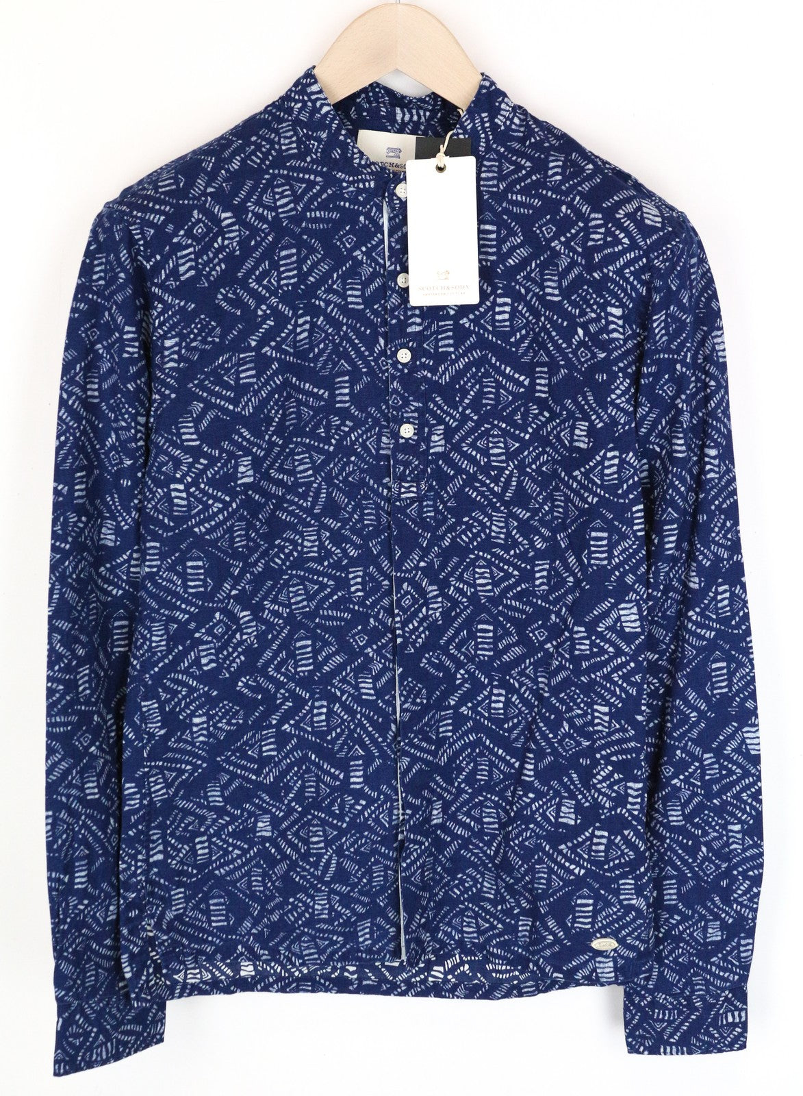 SCOTCH & SODA Ams Couture Men Shirt S Blue Cotton Linen Indigo Patterned
