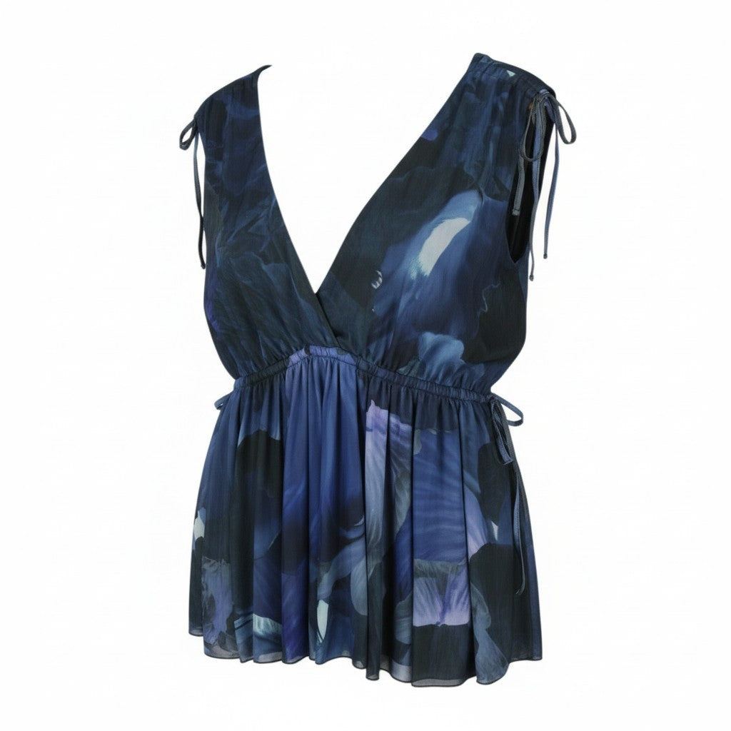 MAX&CO. Women Blouse S Dark Blue Floral Print Depp V-Neck Sleeveless