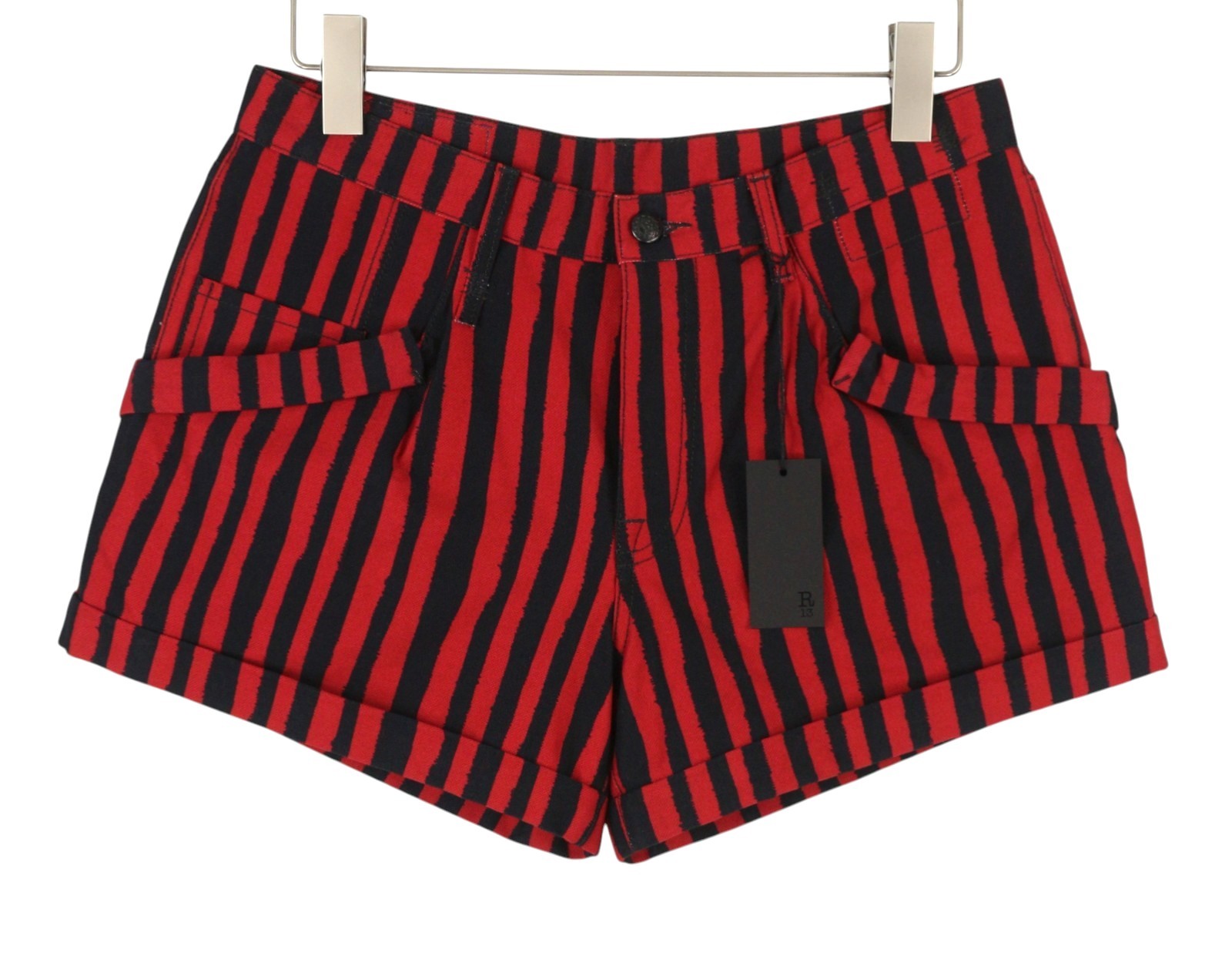 R13 Pouch Pocket Women Shorts 25 Red Stripe Turn-Up Button Fly Denim PS26
