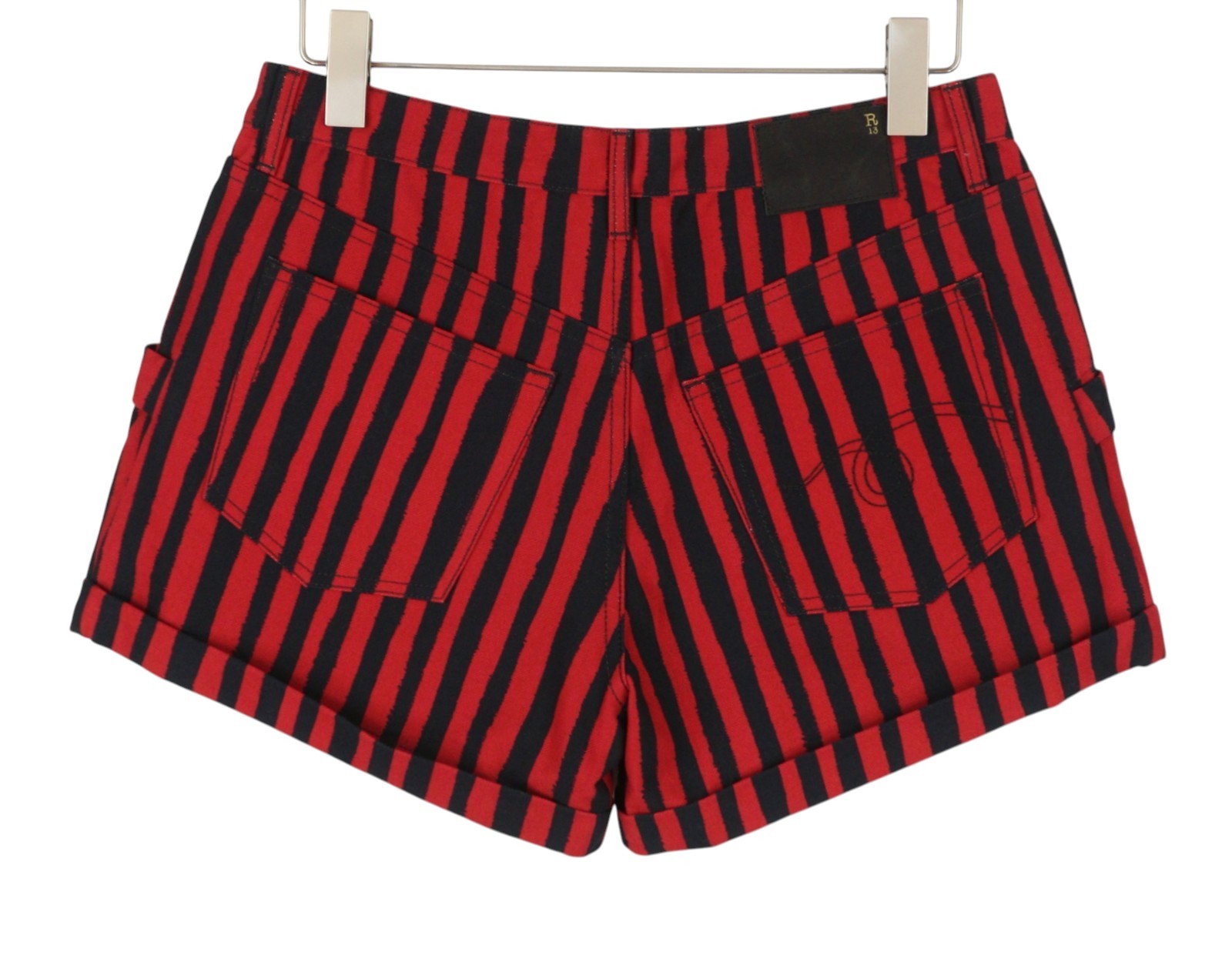 R13 Pouch Pocket Women Shorts 25 Red Stripe Turn-Up Button Fly Denim PS26