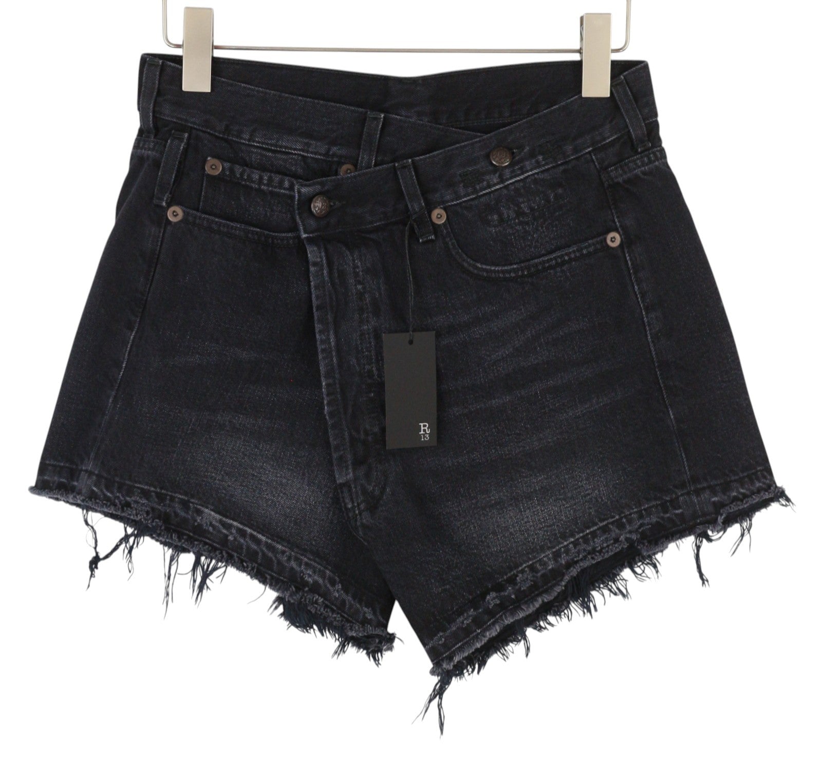 R13 Cross Over Women Shorts 27 Jake Black Whiskers Faded Distress PS26