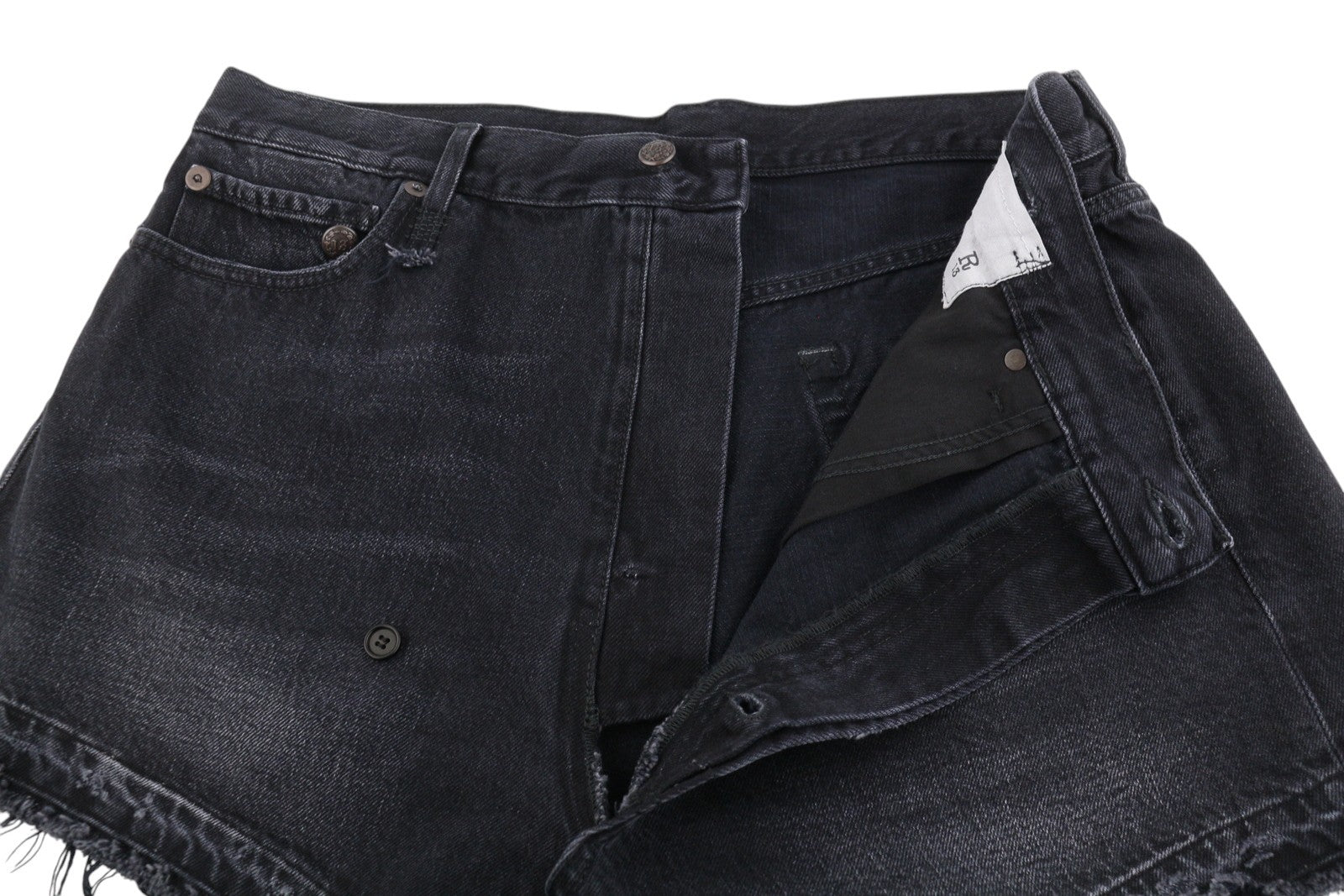 R13 Cross Over Women Shorts 27 Jake Black Whiskers Faded Distress PS26