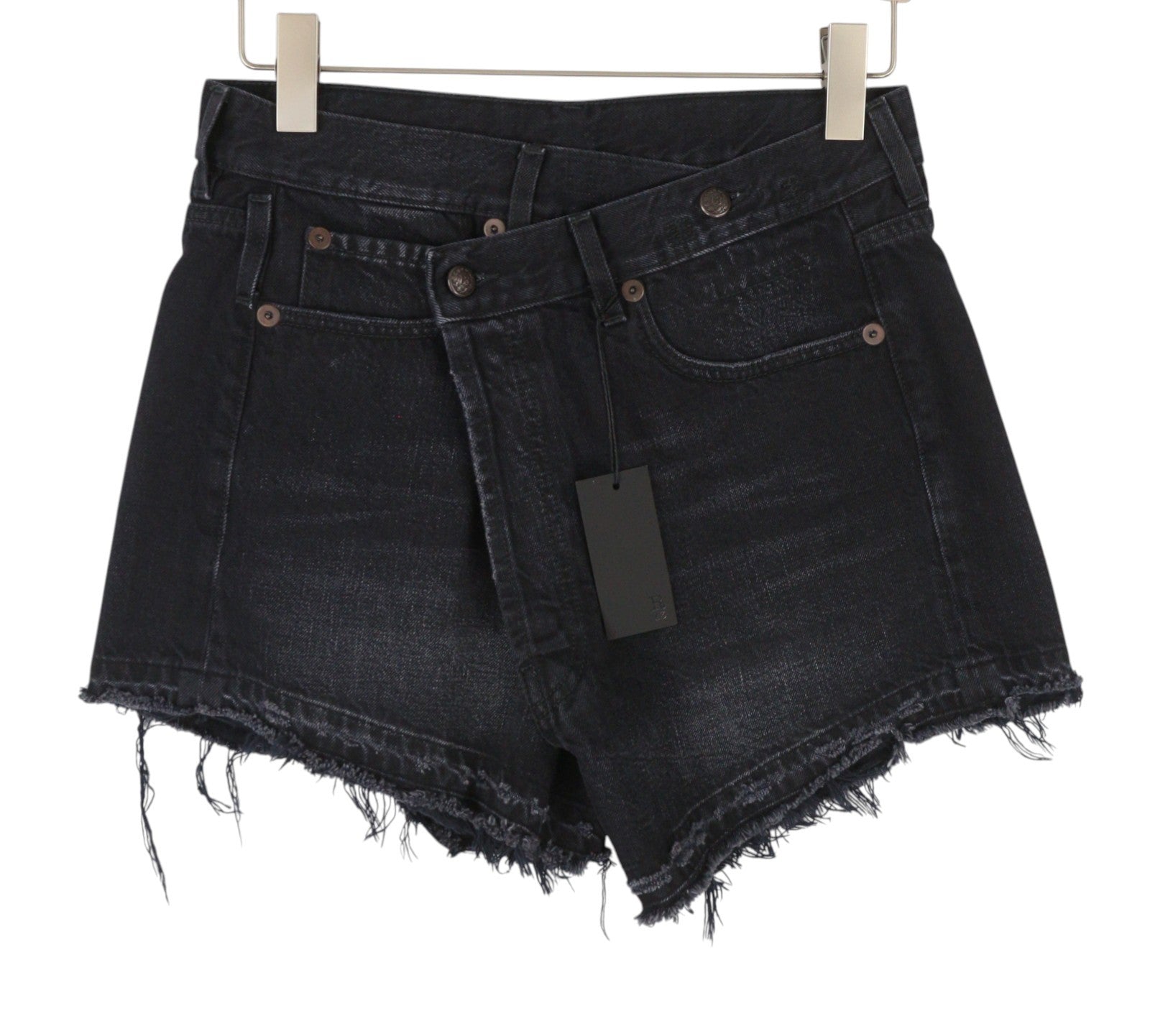 R13 Cross Over Women Shorts 26 Jake Black Whiskers Faded Distress PS26