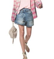 R13 Cross Over Women Shorts 24 Bain Blue Asymmetric Button Fastening Denim