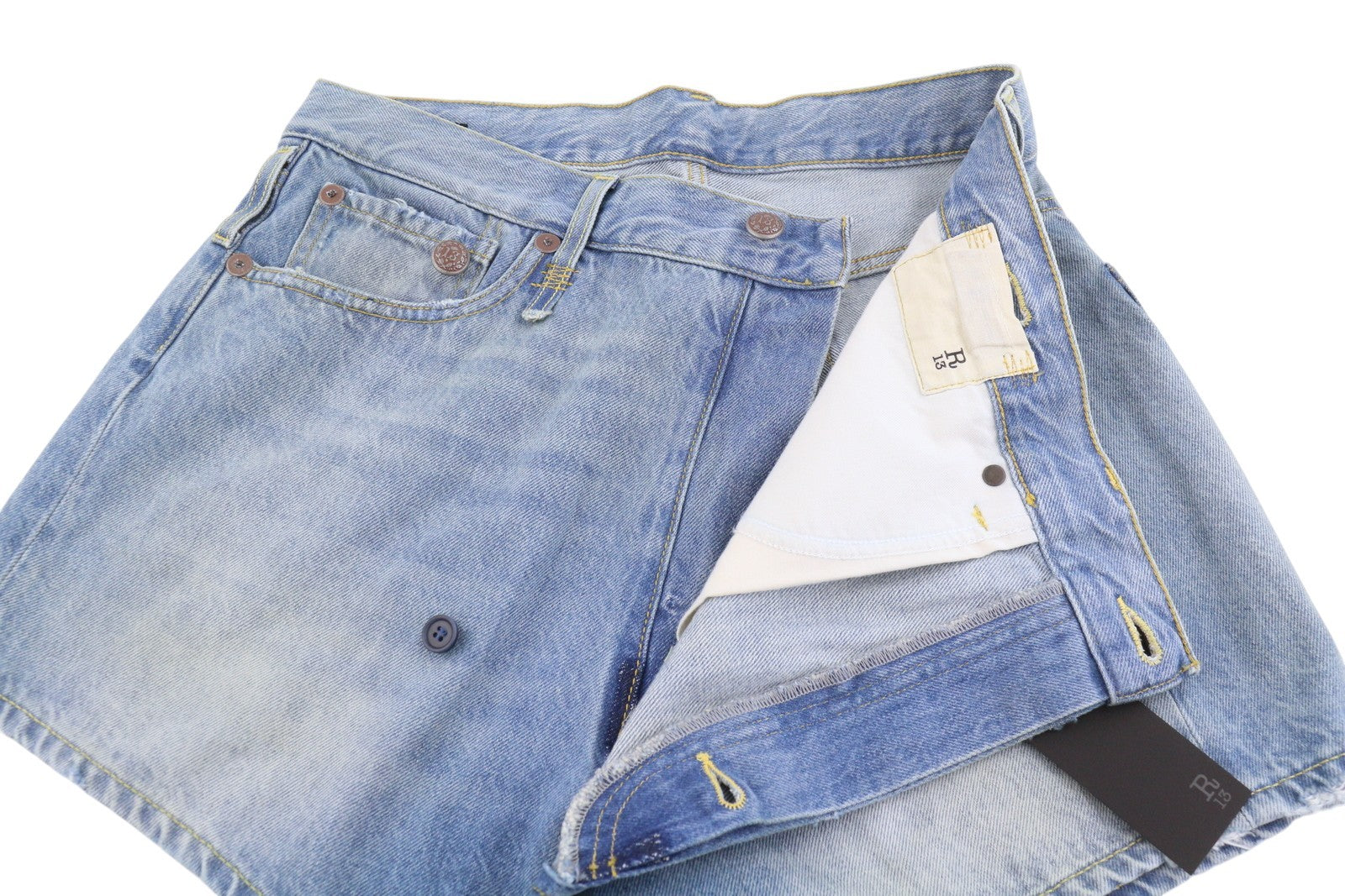 R13 Cross Over Women Shorts 24 Bain Blue Asymmetric Button Fastening Denim