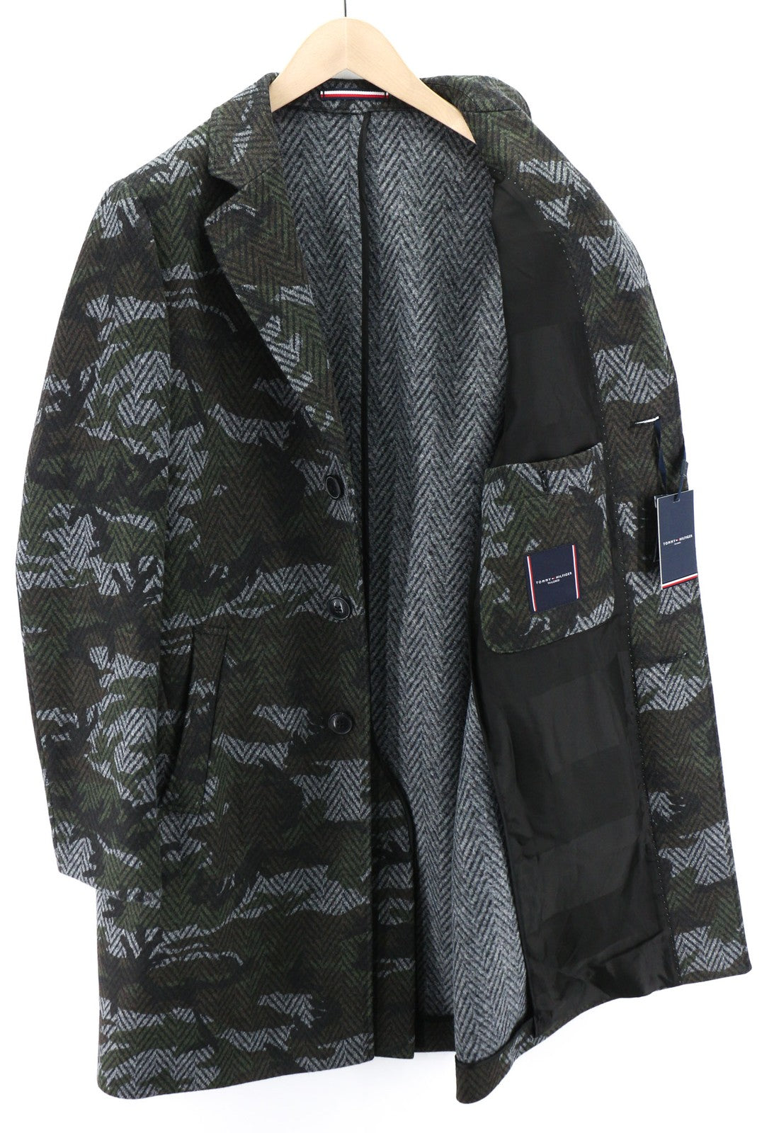 TOMMY HILFIGER Herringbone Camo Men Coat ~M Single Breasted Wool Blend Tailored